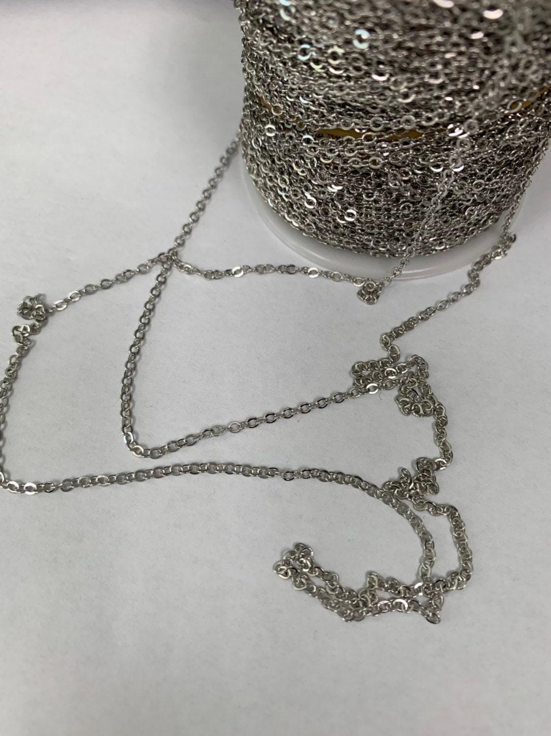 White gold rolo cable chain by yard, silver color oval link chain, wholesale bulk roll chain for diy jewelry ,thickness 0.2mm, 408
