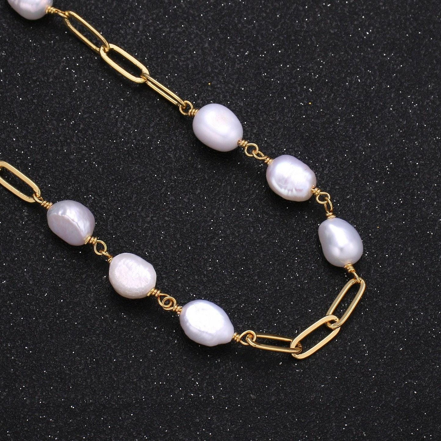 Baroque mother pearl gold charm chain by yard, paper clip link chain by foot,white fresh water pearl chain,roll-354