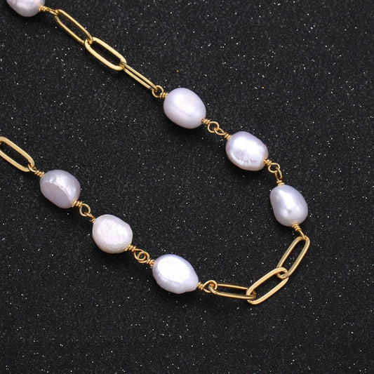 Baroque mother pearl gold charm chain by yard, paper clip link chain by foot,white fresh water pearl chain,roll-354