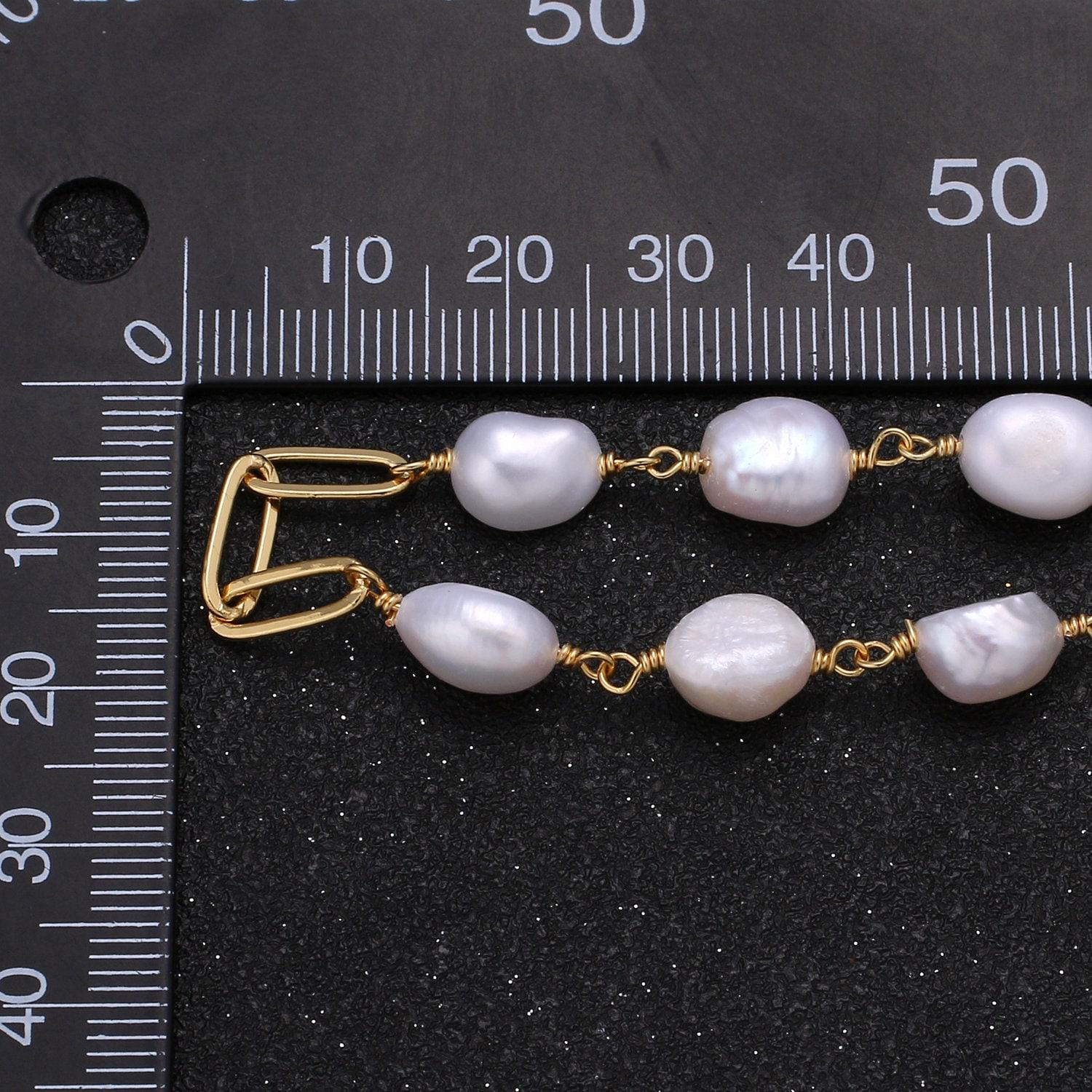Baroque mother pearl gold charm chain by yard, paper clip link chain by foot,white fresh water pearl chain,roll-354