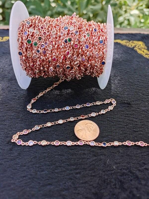 Gold, silver, rosegold micro pave colorful charm chain by yard, cz charm specialty link chain by foot, chain size 8x4mm, roll- 108, 109, 110