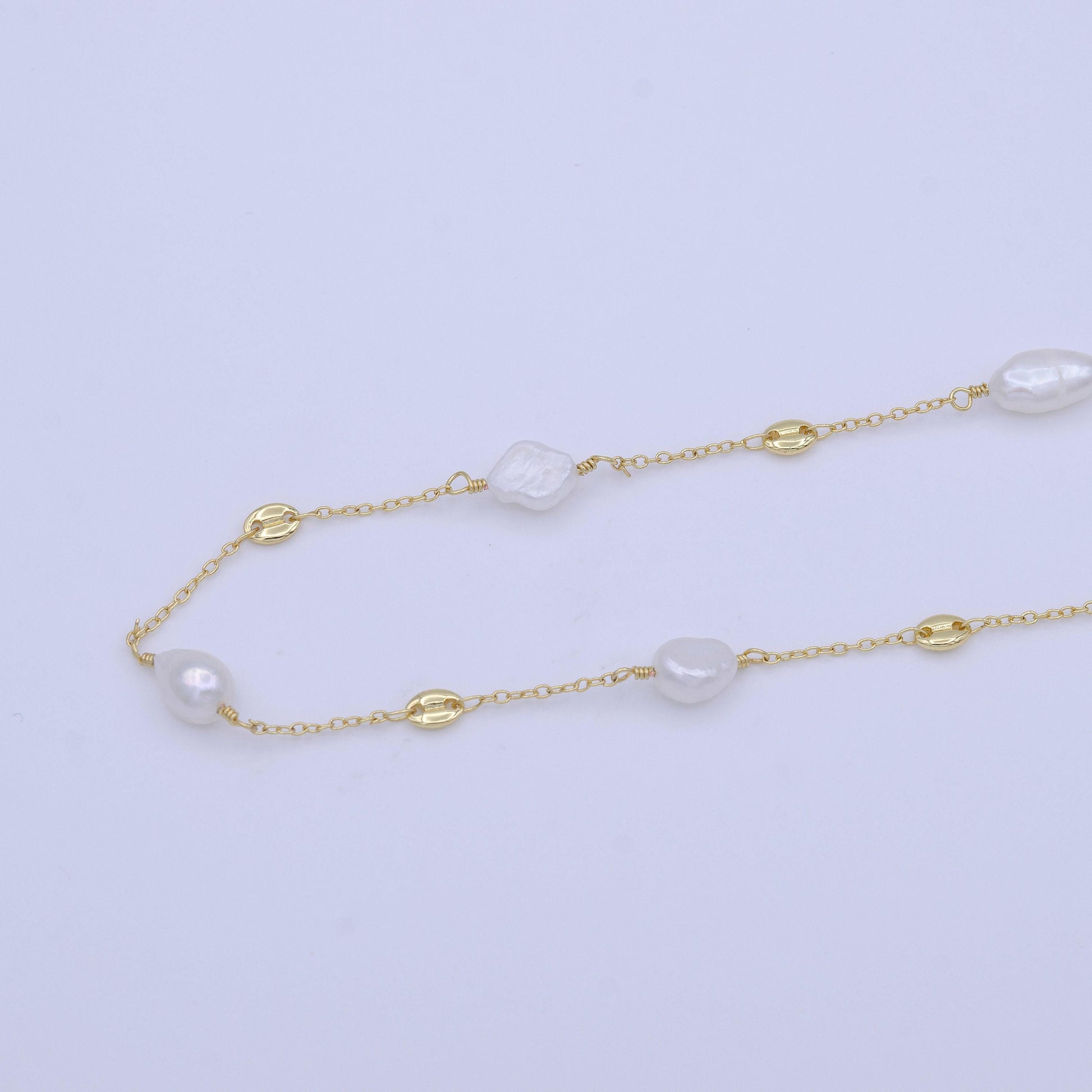 1 yard pearl gold chain round cultured pearl chain wholesale, natural freshwater pearl rosary gold chain, beaded roll chain roll-1011