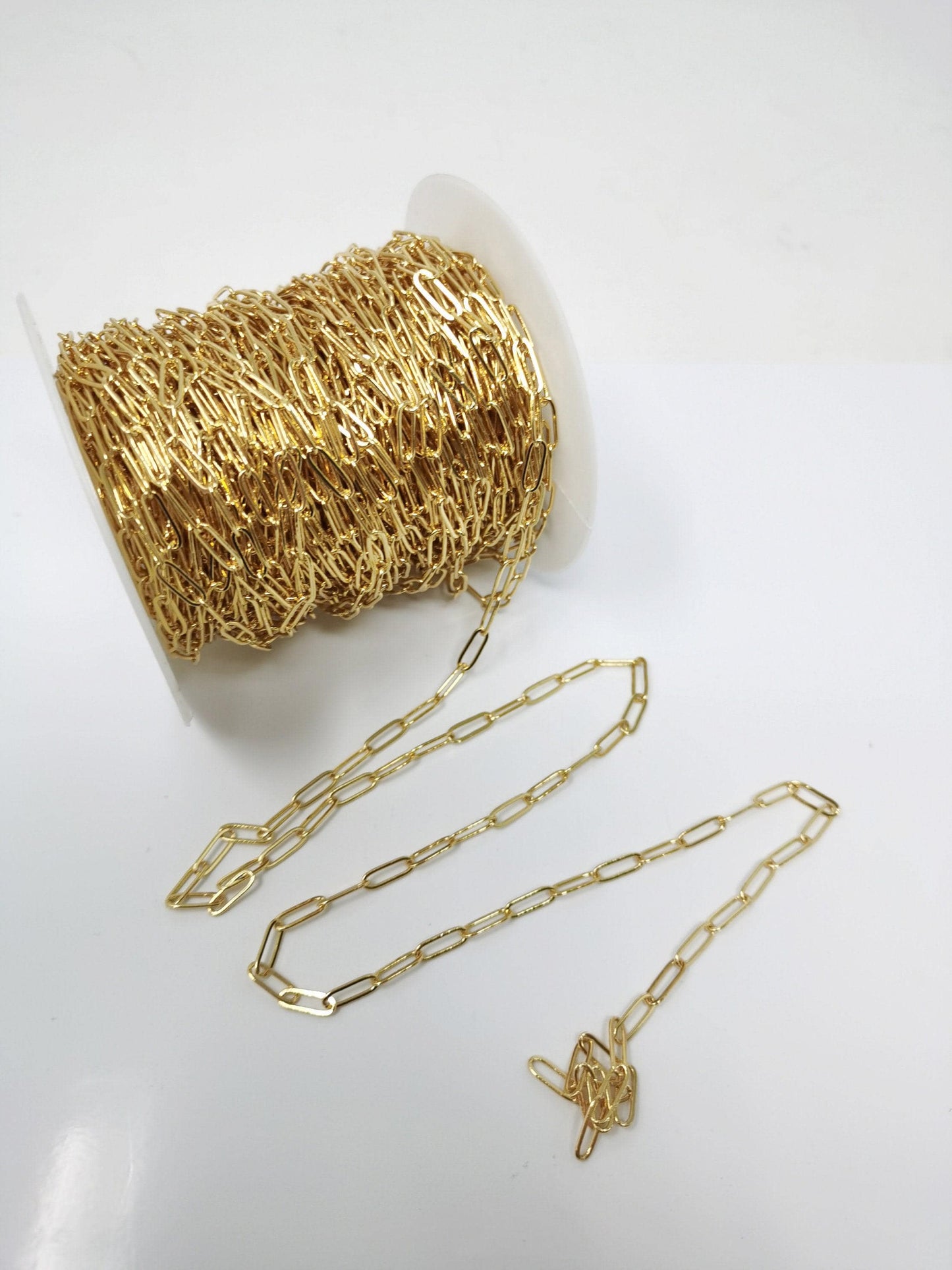 Gold paperclip chain by yard, oval link chain by foot, wholesale bulk roll chain for diy jewelry, thickness 0.6mm, 77