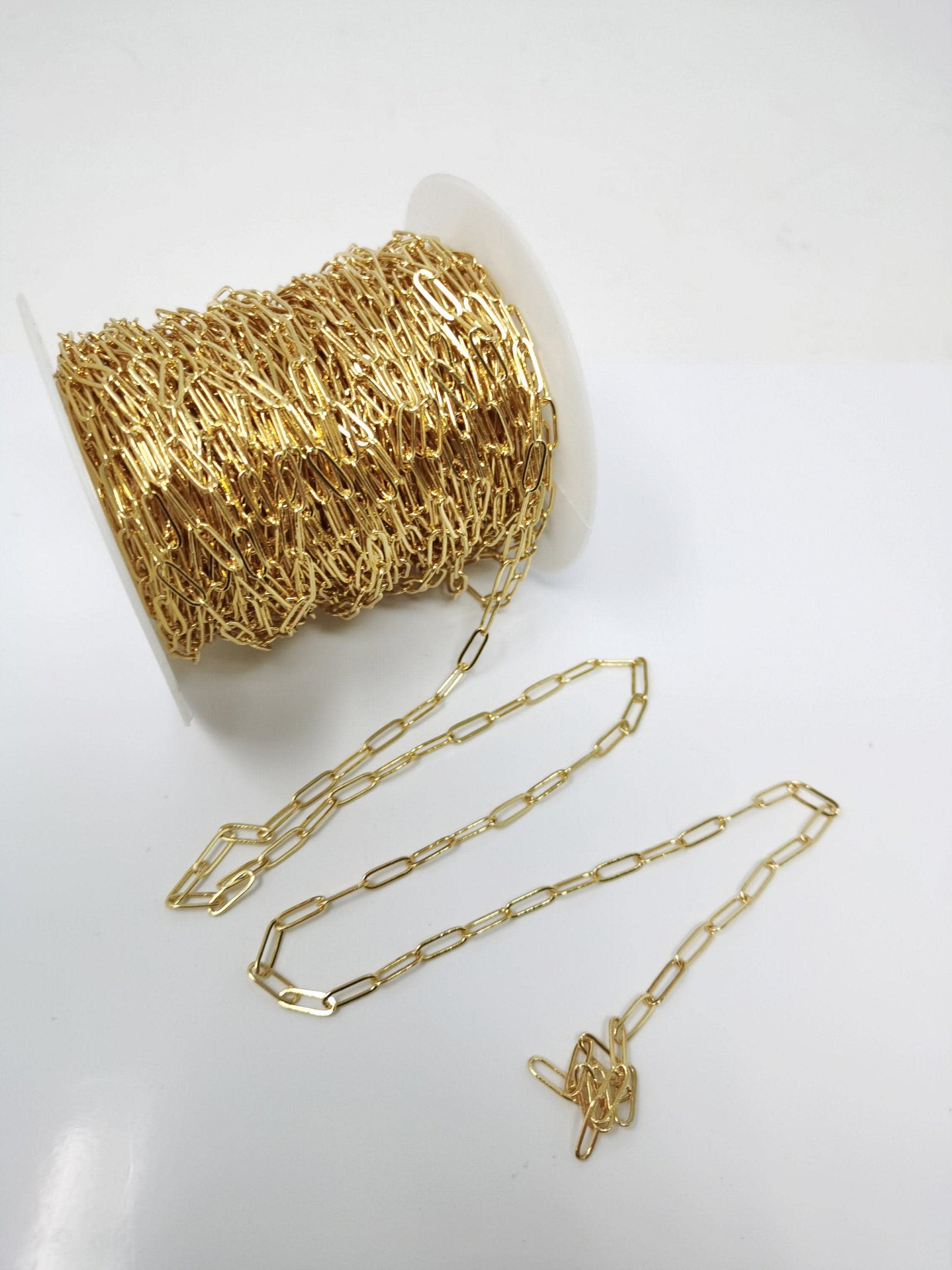 Gold paperclip chain by yard, oval link chain by foot, wholesale bulk roll chain for diy jewelry, thickness 0.6mm, 77