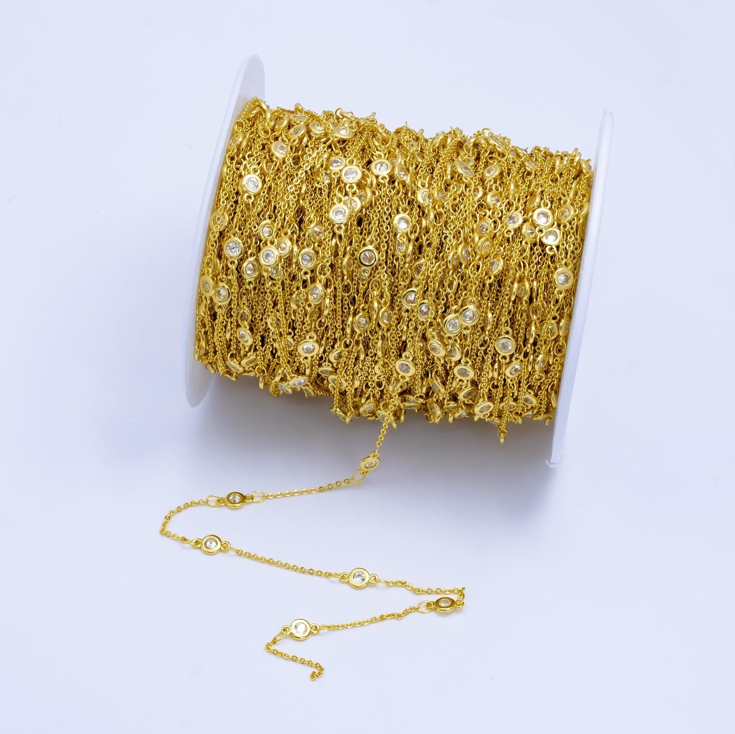 24k gold filled cz satellites chain by yard, wholesale gold station chain cz bezel cut chain for jewelry making | roll-1532
