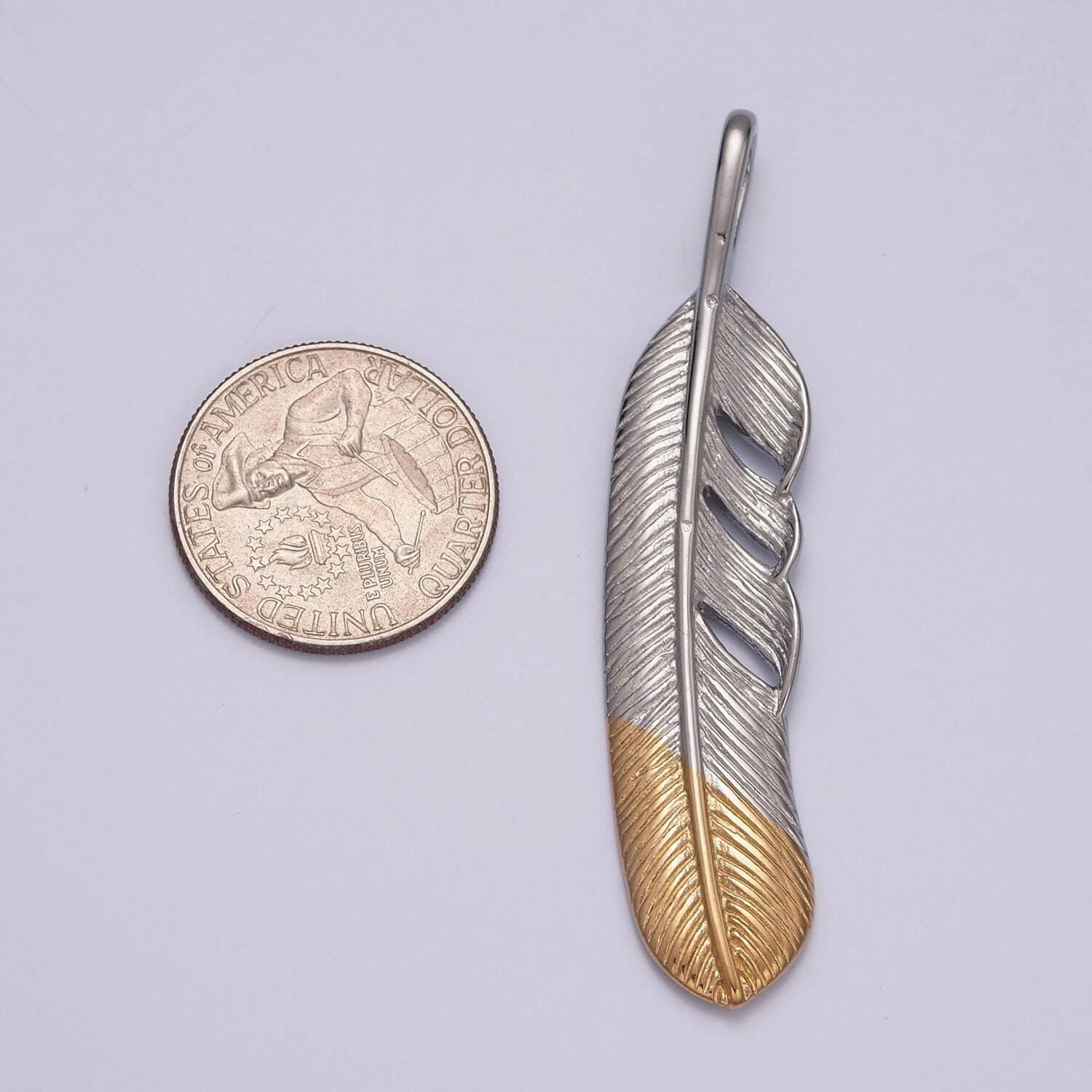 Silver gold stainless steel feather pendant, diagonal stripe parallel venation leaf charms for jewelry making | x-638