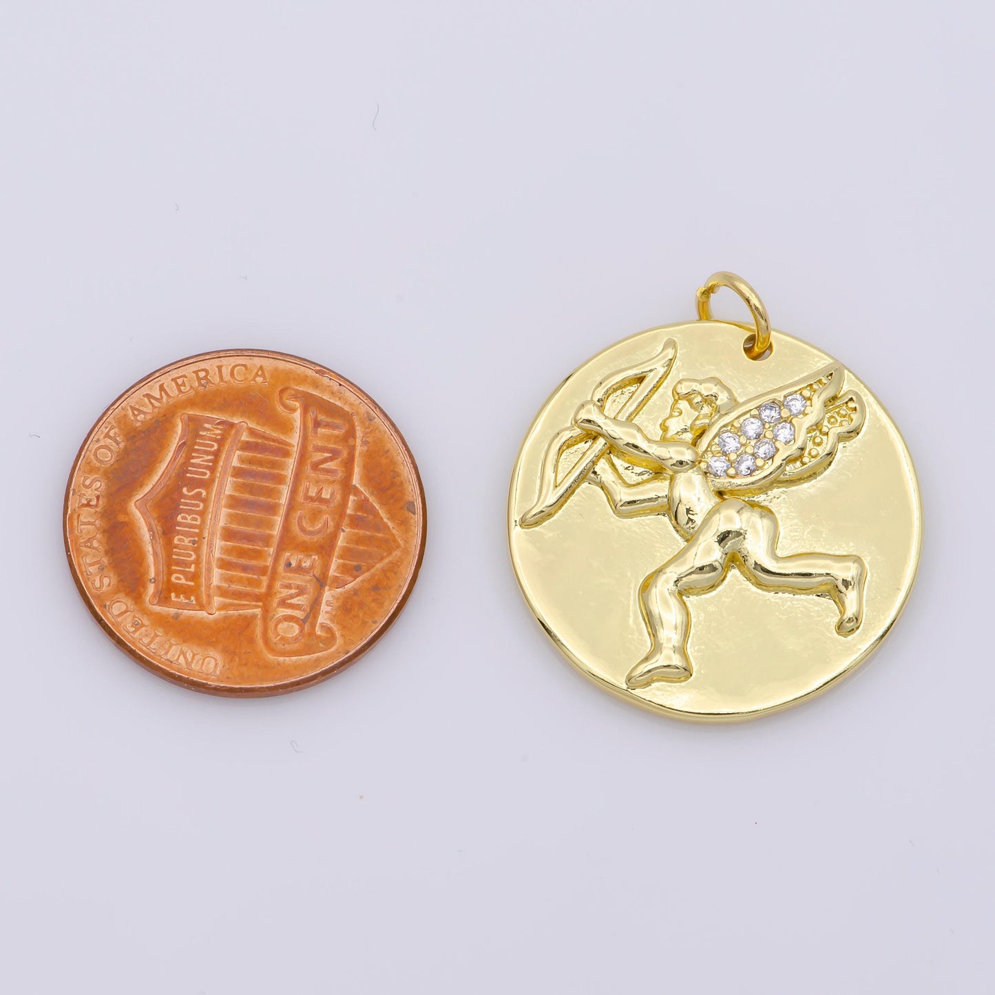 14k gold cupid charm- medallion cupid pendant - angel coin pendant - for necklace bracelet component m485