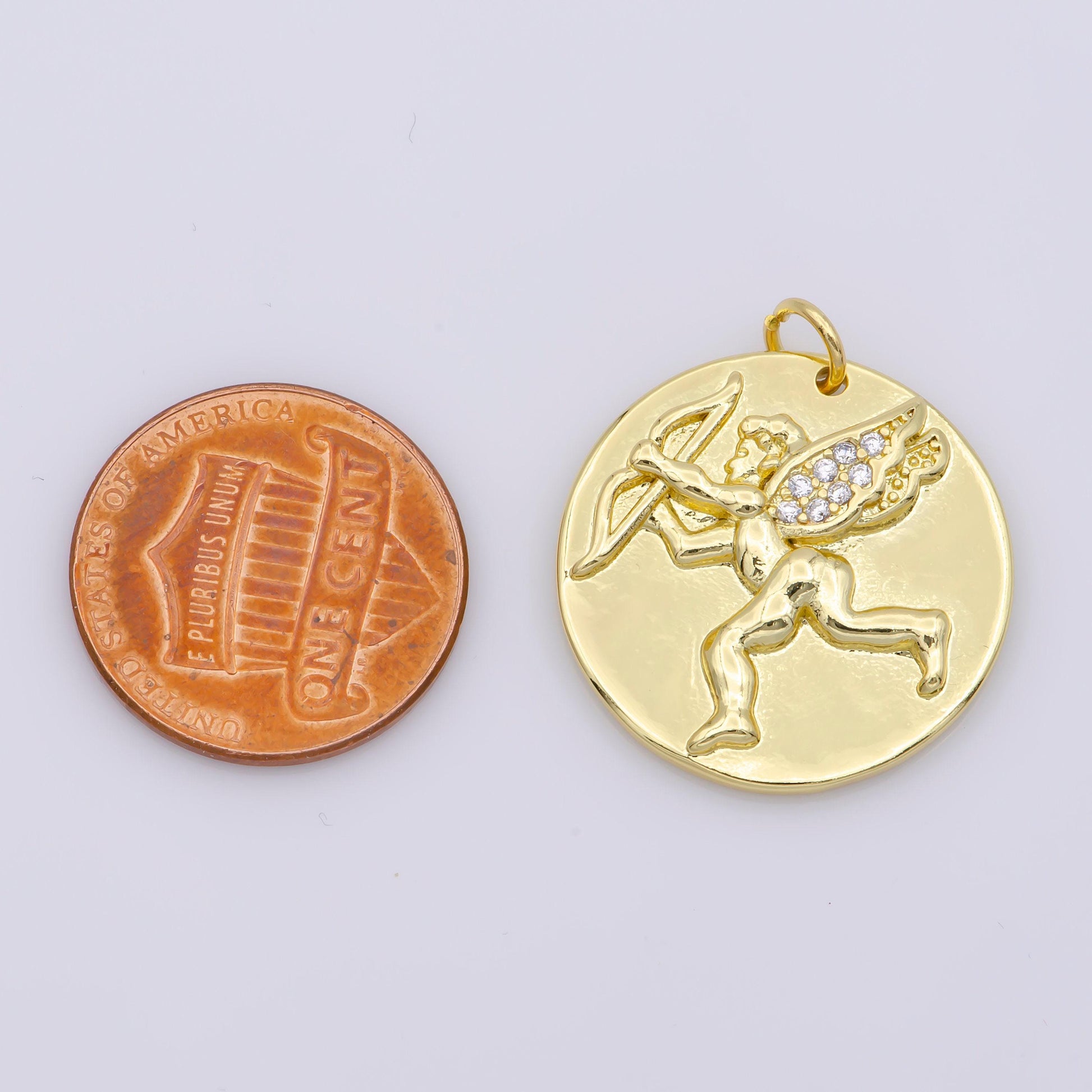 14k gold cupid charm- medallion cupid pendant - angel coin pendant - for necklace bracelet component m485