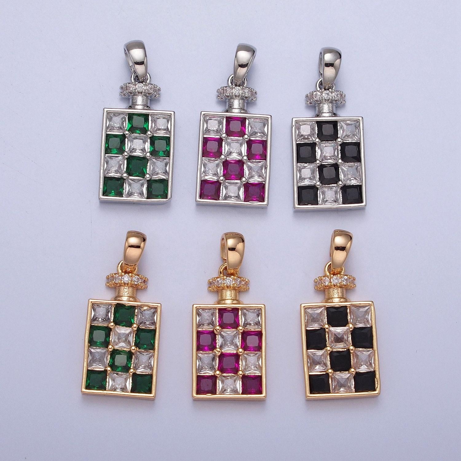 24k white/gold filled dainty rectangular checkered alcohol flask micro pave cz stone pendant, silver/gold colored flask charm | x-381~x-386