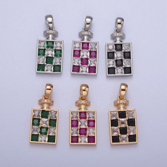 24k white/gold filled dainty rectangular checkered alcohol flask micro pave cz stone pendant, silver/gold colored flask charm | x-381~x-386