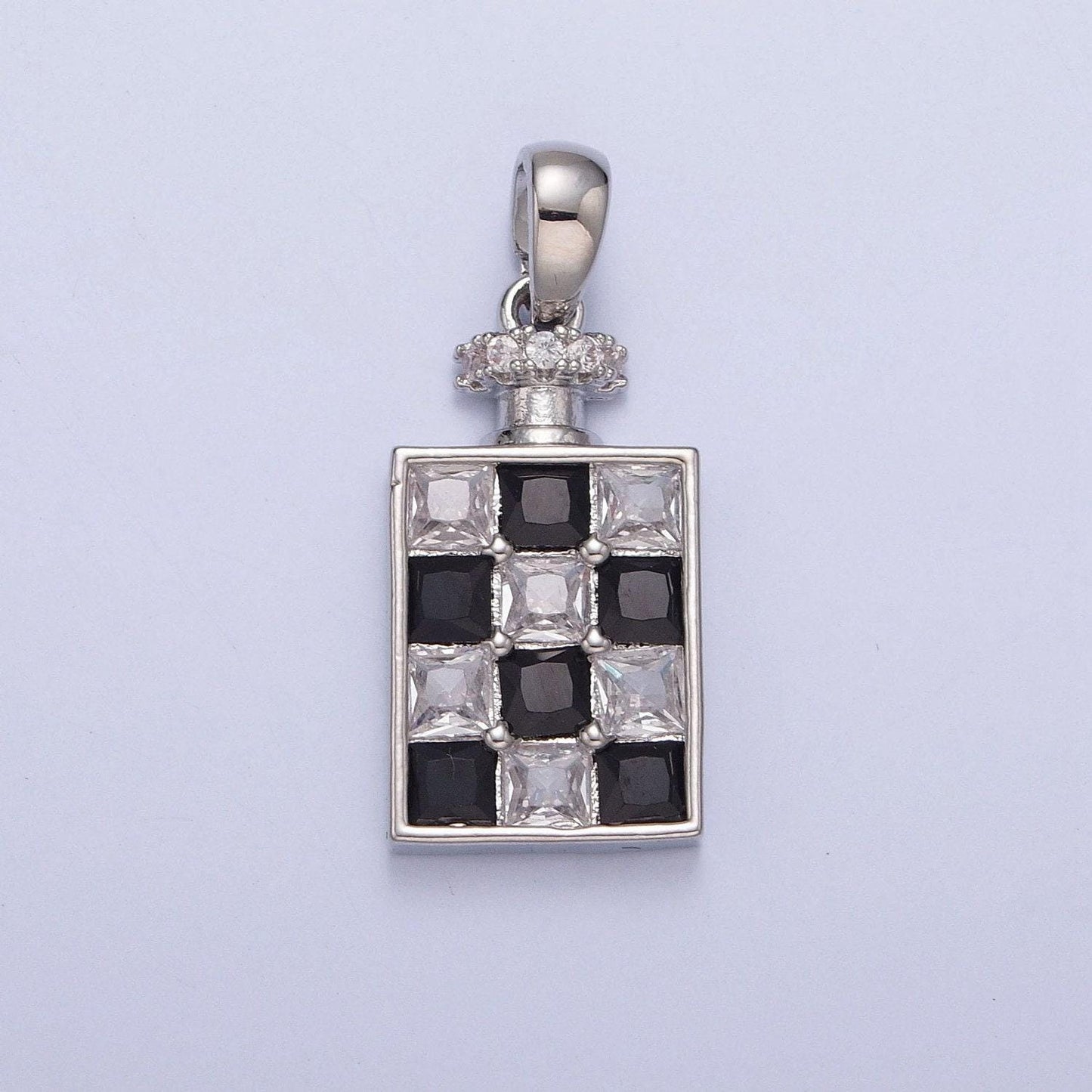 24k white/gold filled dainty rectangular checkered alcohol flask micro pave cz stone pendant, silver/gold colored flask charm | x-381~x-386