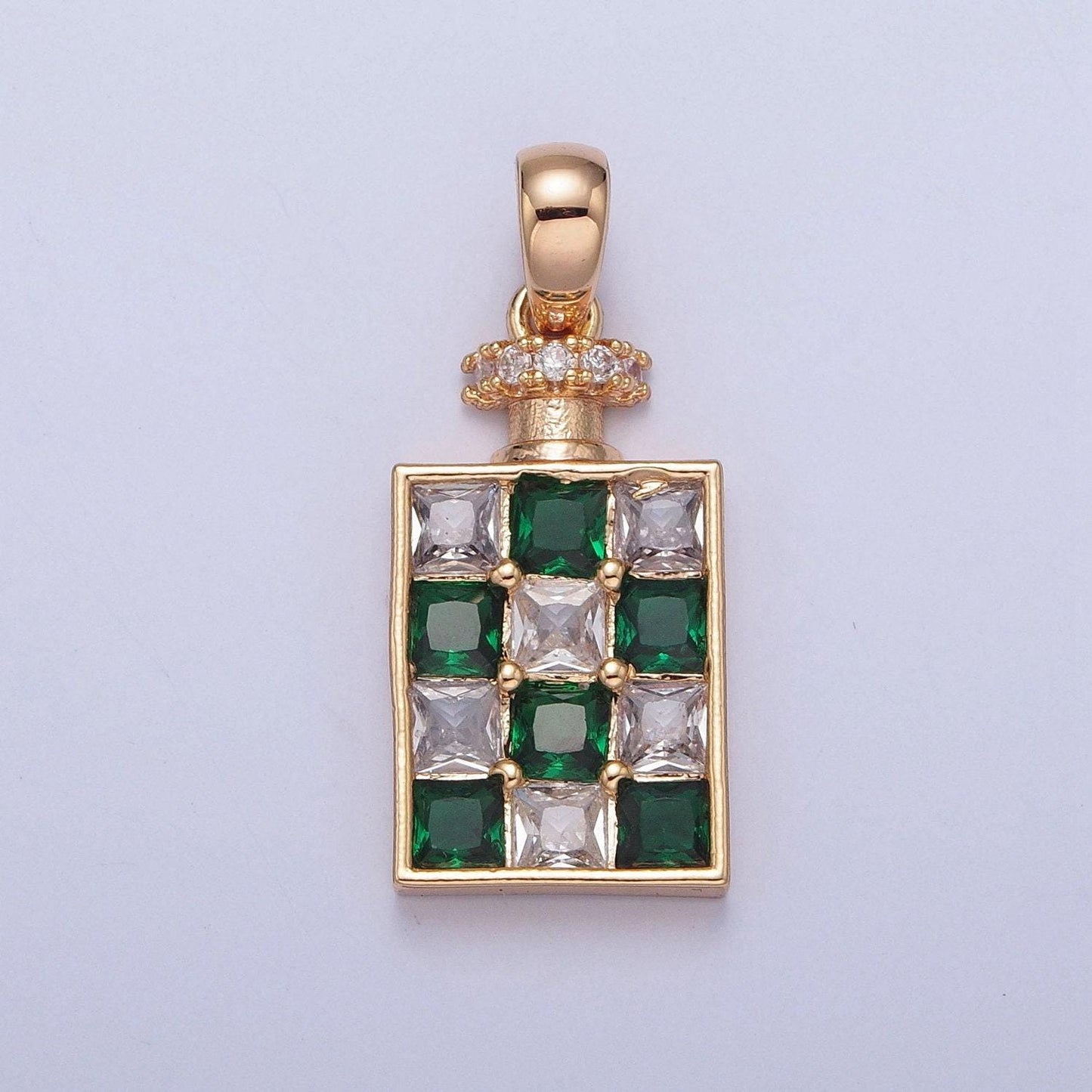 24k white/gold filled dainty rectangular checkered alcohol flask micro pave cz stone pendant, silver/gold colored flask charm | x-381~x-386