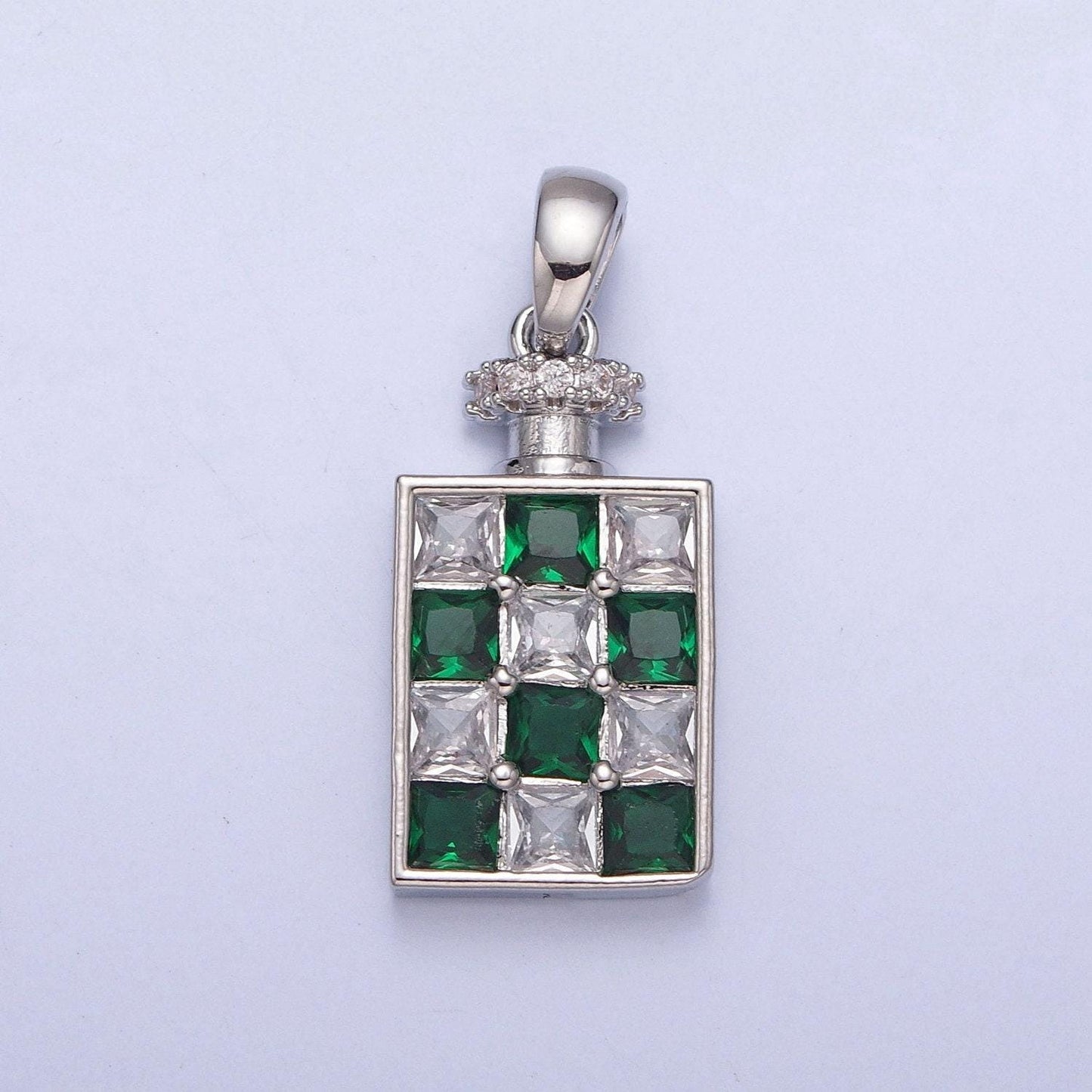 24k white/gold filled dainty rectangular checkered alcohol flask micro pave cz stone pendant, silver/gold colored flask charm | x-381~x-386