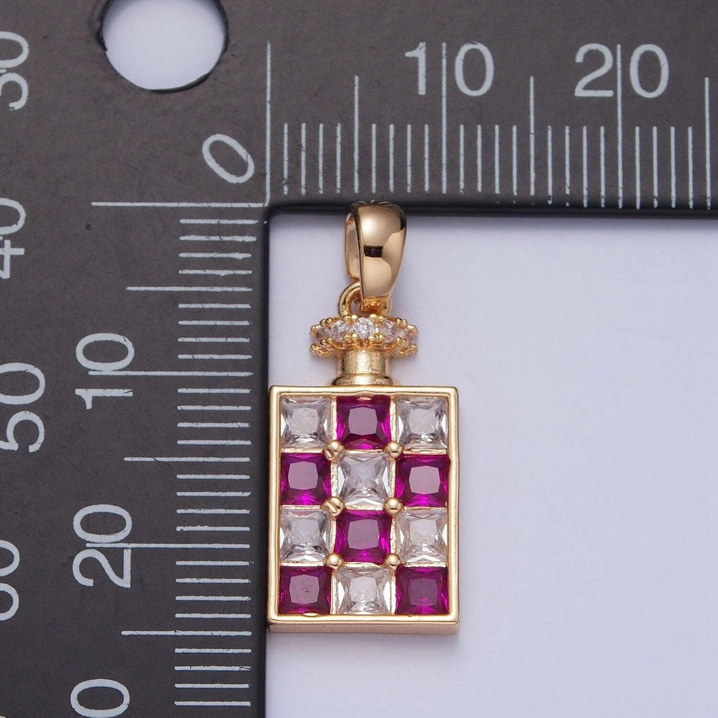 24k white/gold filled dainty rectangular checkered alcohol flask micro pave cz stone pendant, silver/gold colored flask charm | x-381~x-386