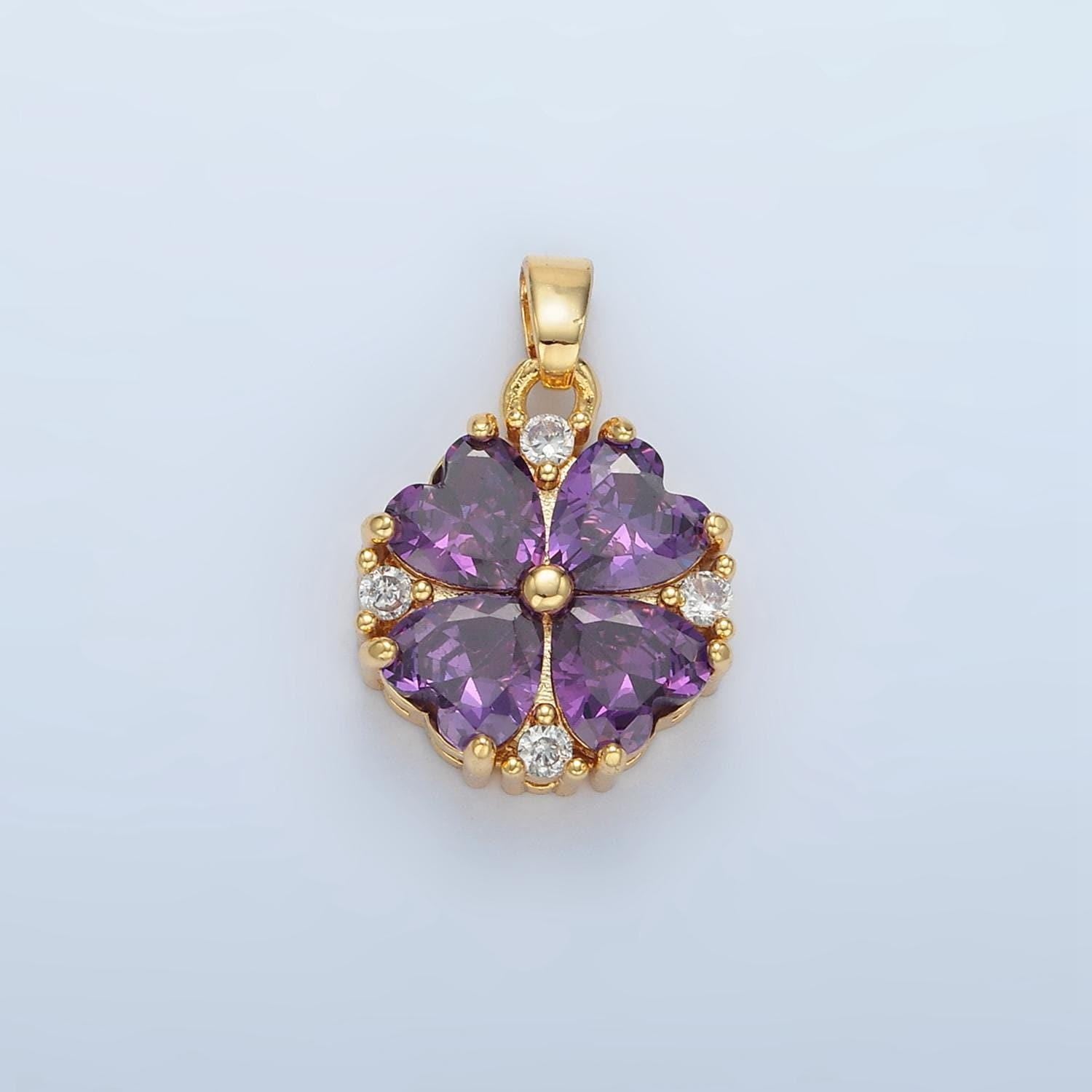 Purple heart cz petal clover, 24k gold filled floral charm | aa-889