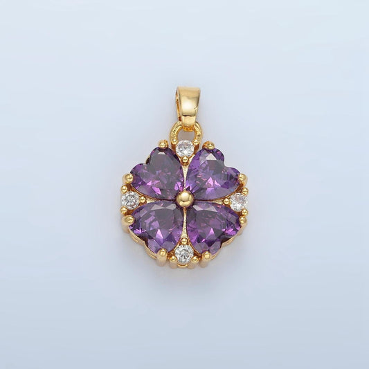 Purple heart cz petal clover, 24k gold filled floral charm | aa-889