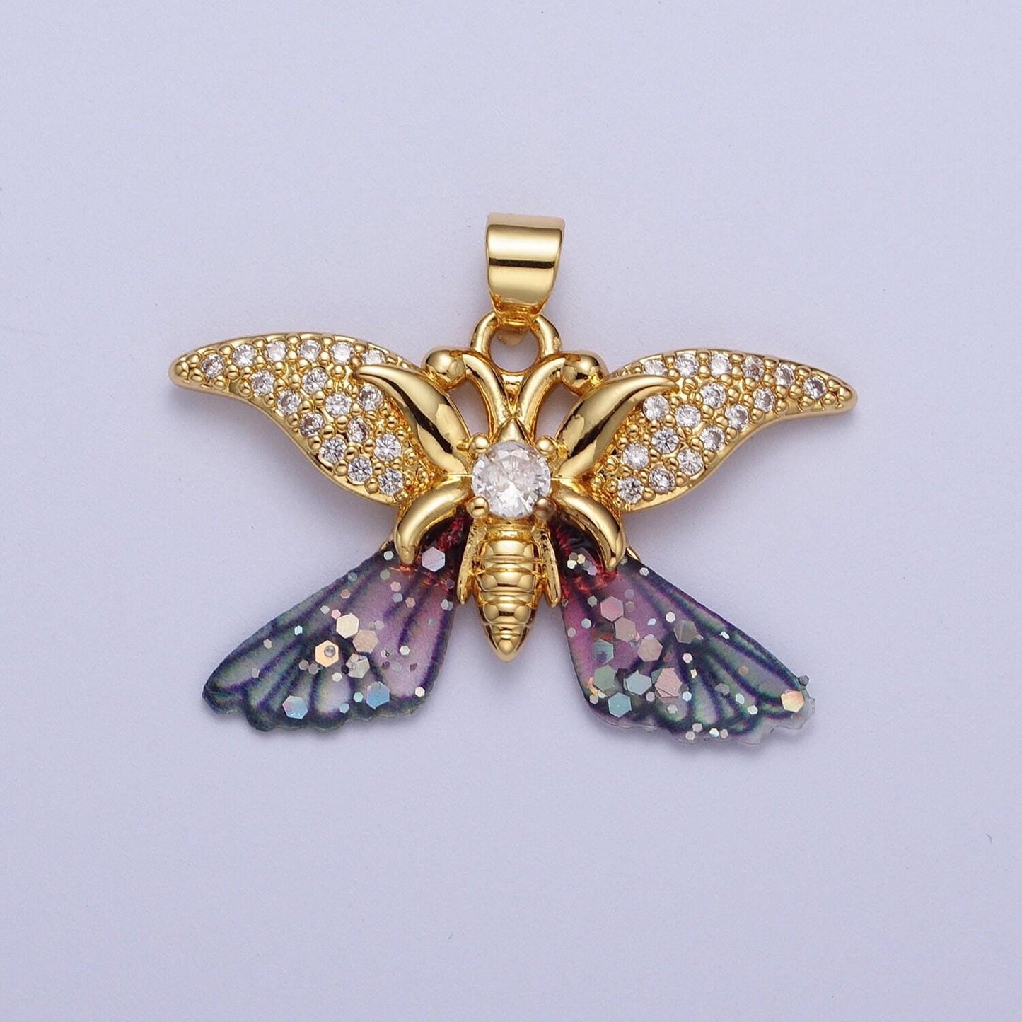 Gold cz blue & fuchsia butterfly insect pendant, 24k gold plated micro paved marquise cz resin beautiful sparkly butterfly charm | h-641