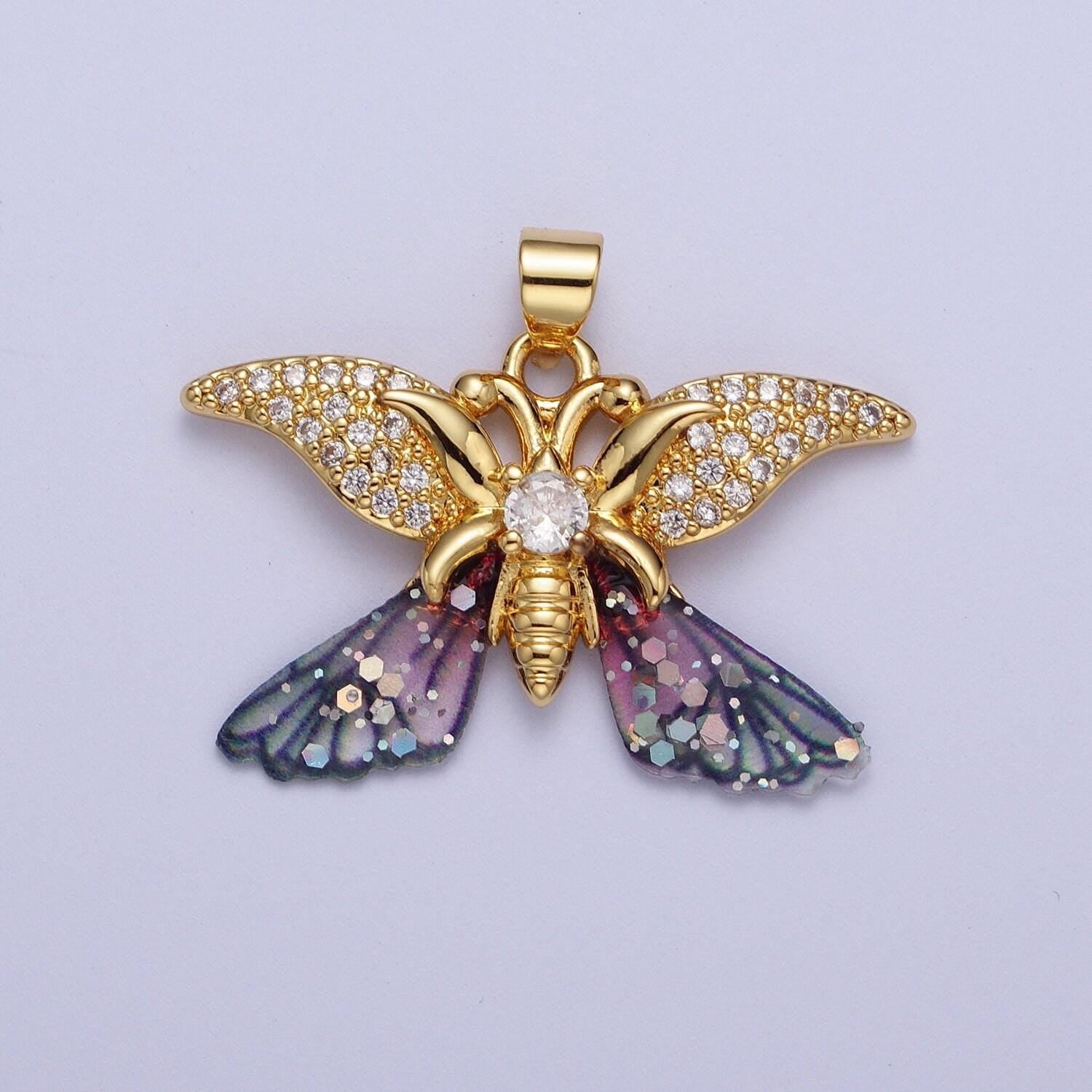 Gold cz blue & fuchsia butterfly insect pendant, 24k gold plated micro paved marquise cz resin beautiful sparkly butterfly charm | h-641
