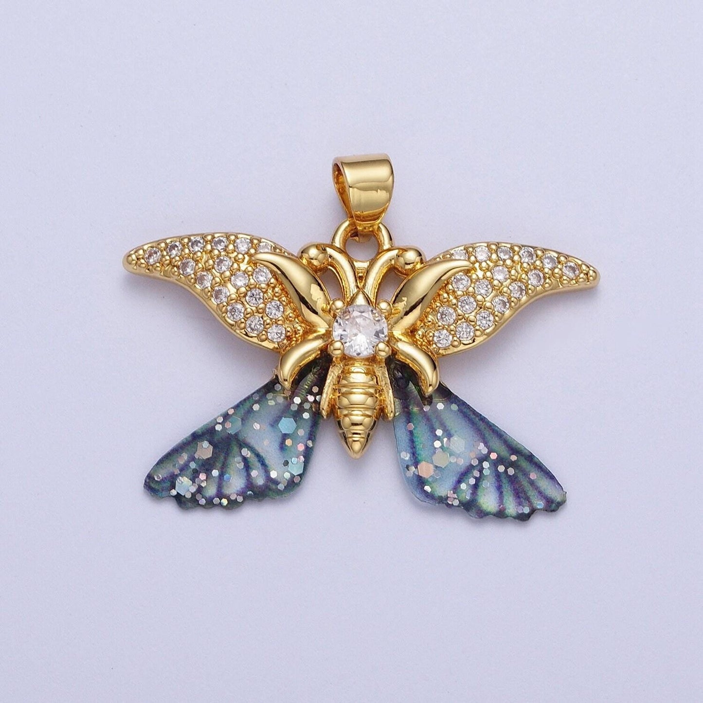 Gold cz blue & fuchsia butterfly insect pendant, 24k gold plated micro paved marquise cz resin beautiful sparkly butterfly charm | h-641