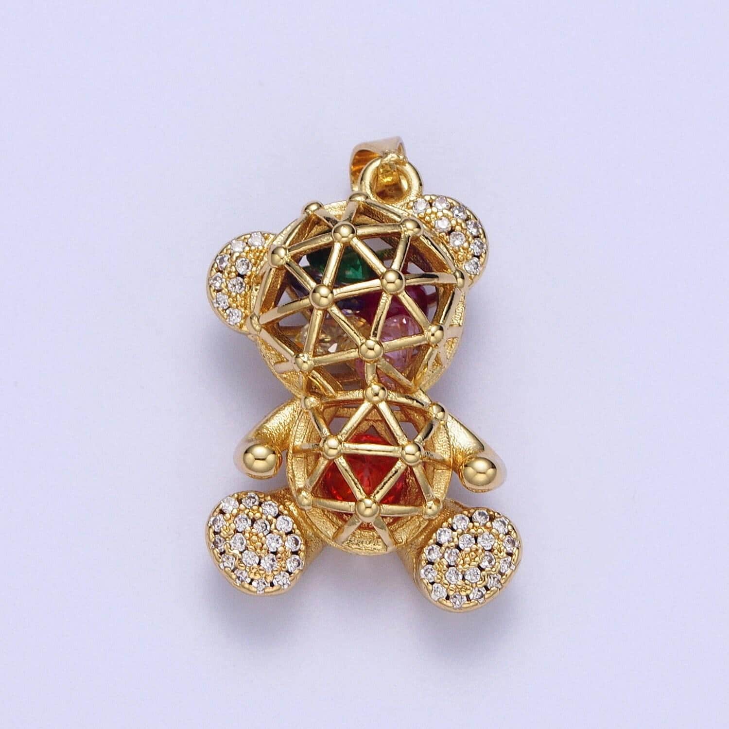 Gold triangles geometric cz teddy bear pendant, 24k gold filled colorful micro paved cz cute teddy bear charm | x-532