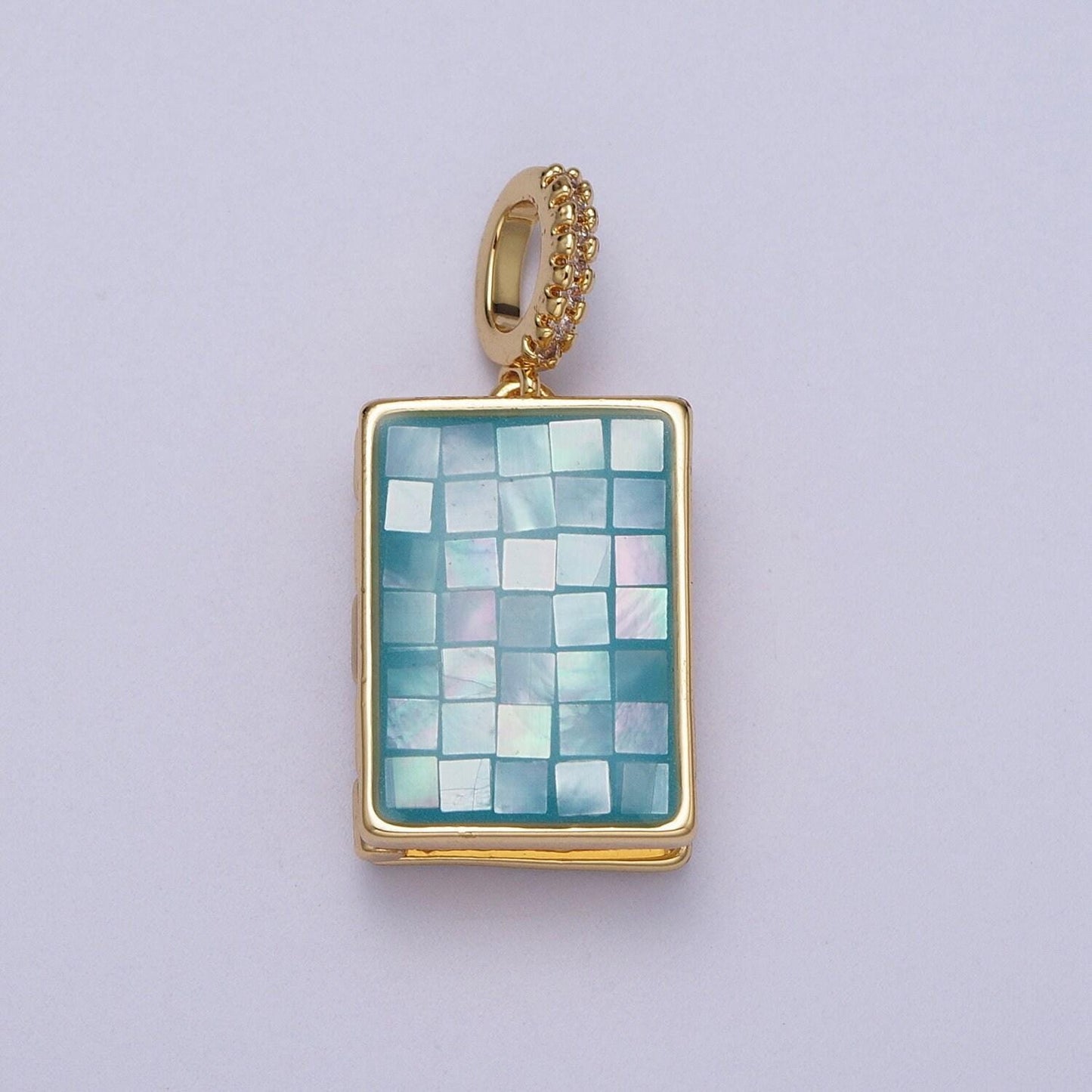 Gold square locket pendant lady guadalupe charm marian cross abalone, green, pink, white, shell opal book locket pendant h-139