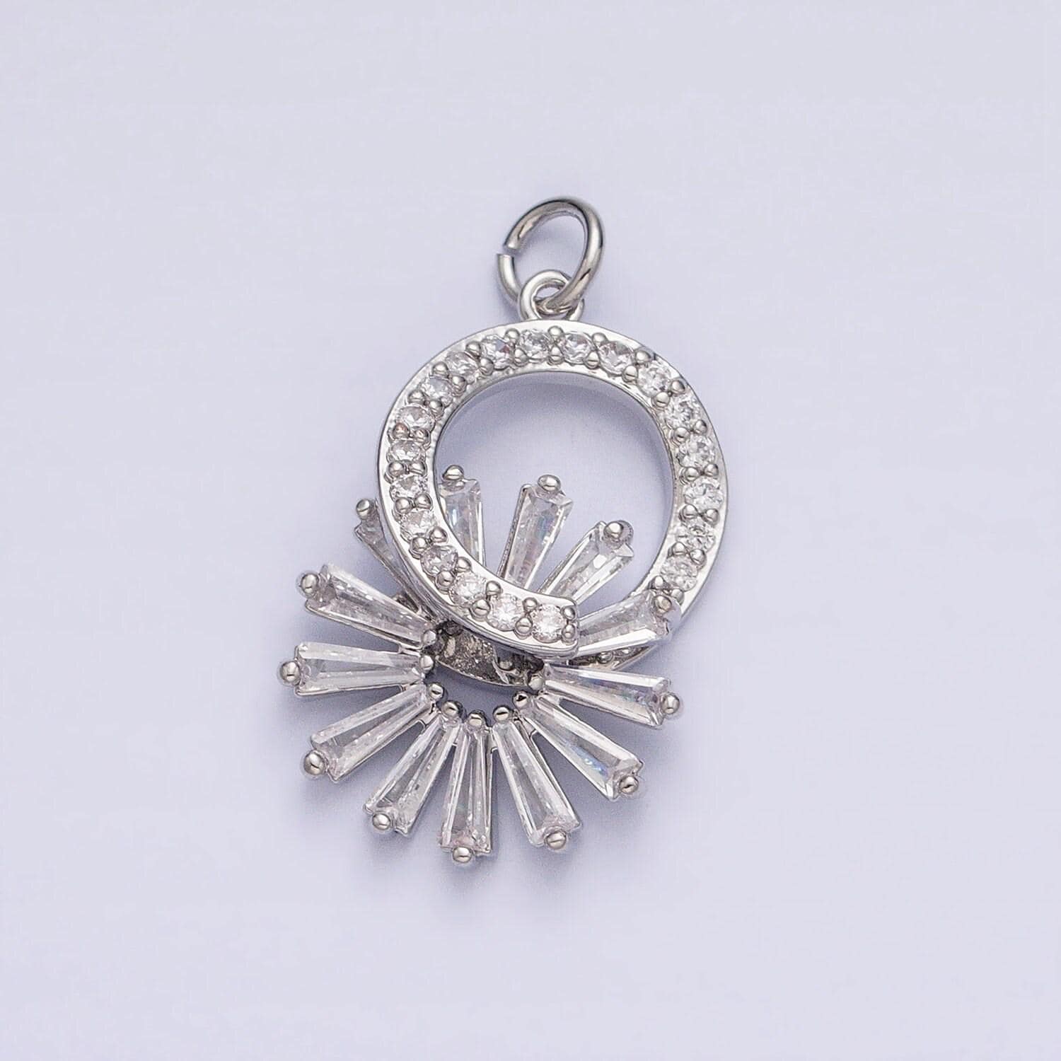16k gold filled micro paved cz round sun baguette dangle drop charm in gold & silver | ac958 ac959