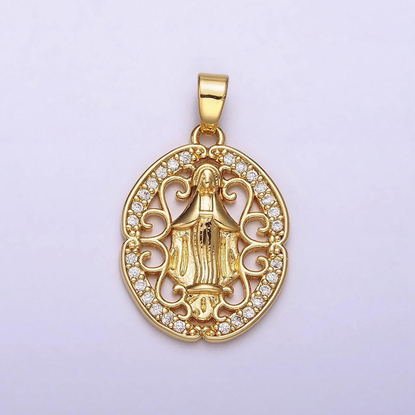 14k gold filled mother mary lady guadalupe elaborate open micro paved cz oval pendant | n1314