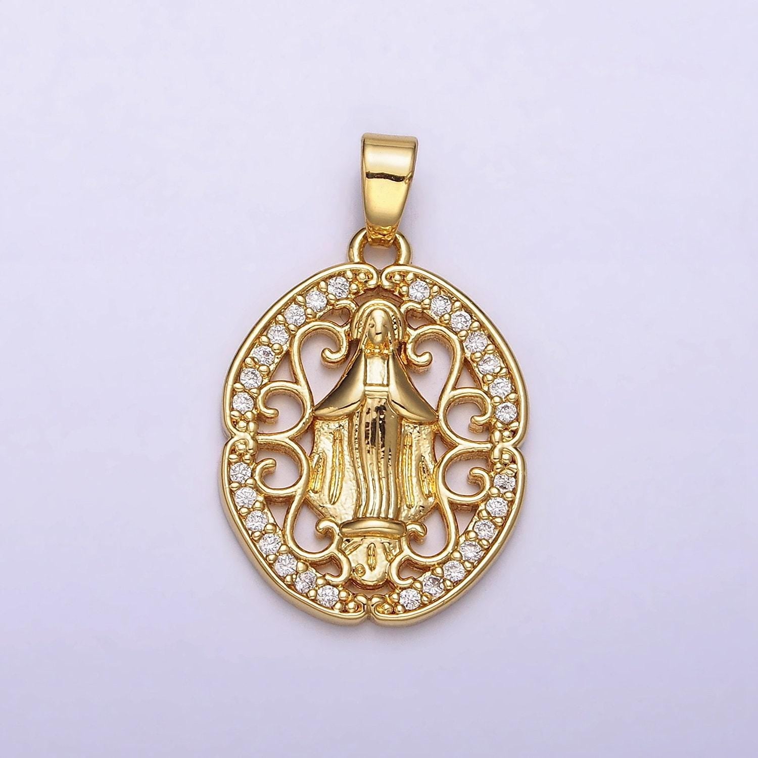 14k gold filled mother mary lady guadalupe elaborate open micro paved cz oval pendant | n1314