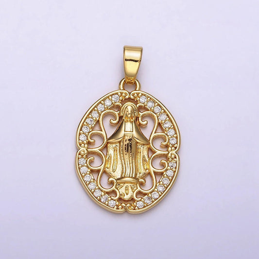 14k gold filled mother mary lady guadalupe elaborate open micro paved cz oval pendant | n1314