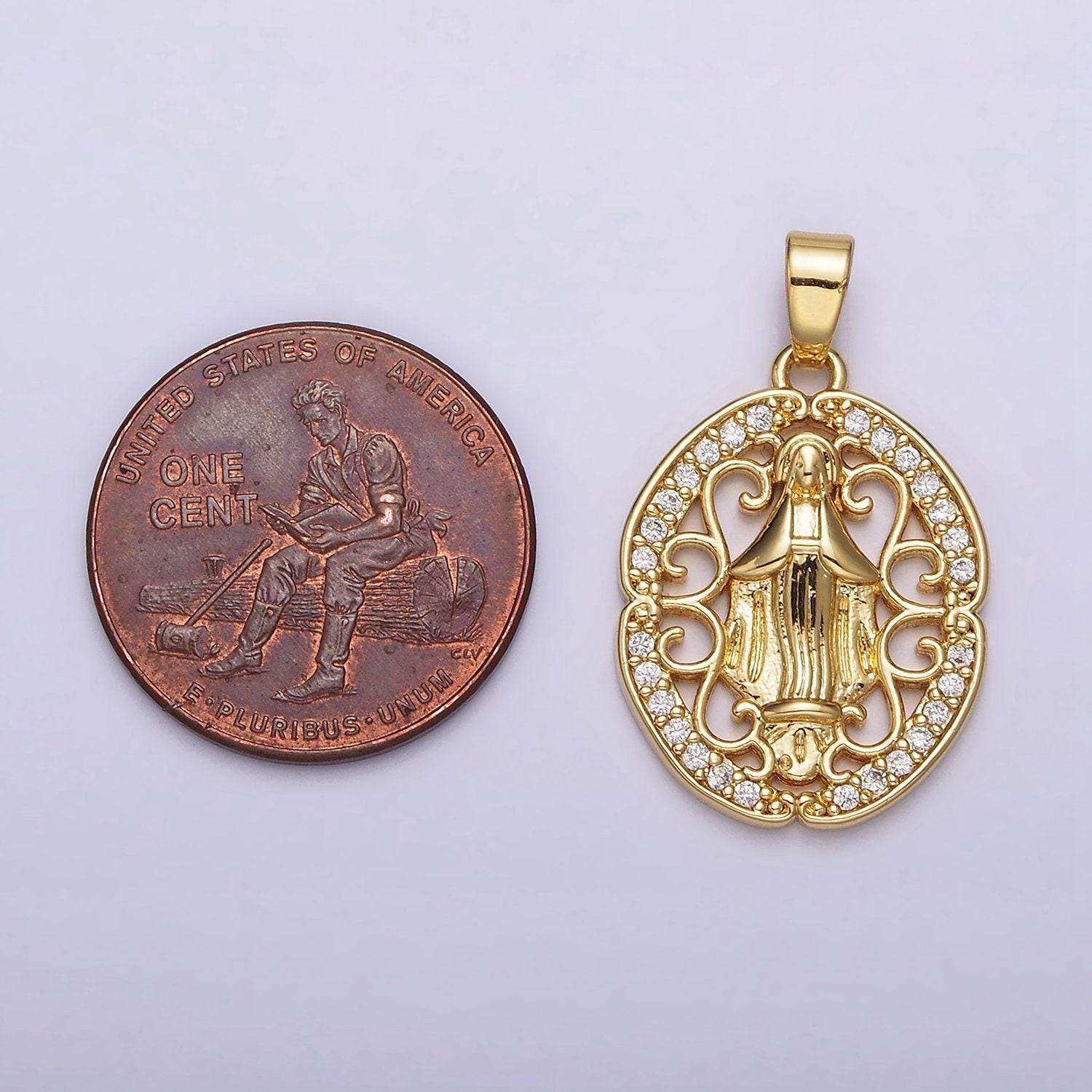 14k gold filled mother mary lady guadalupe elaborate open micro paved cz oval pendant | n1314