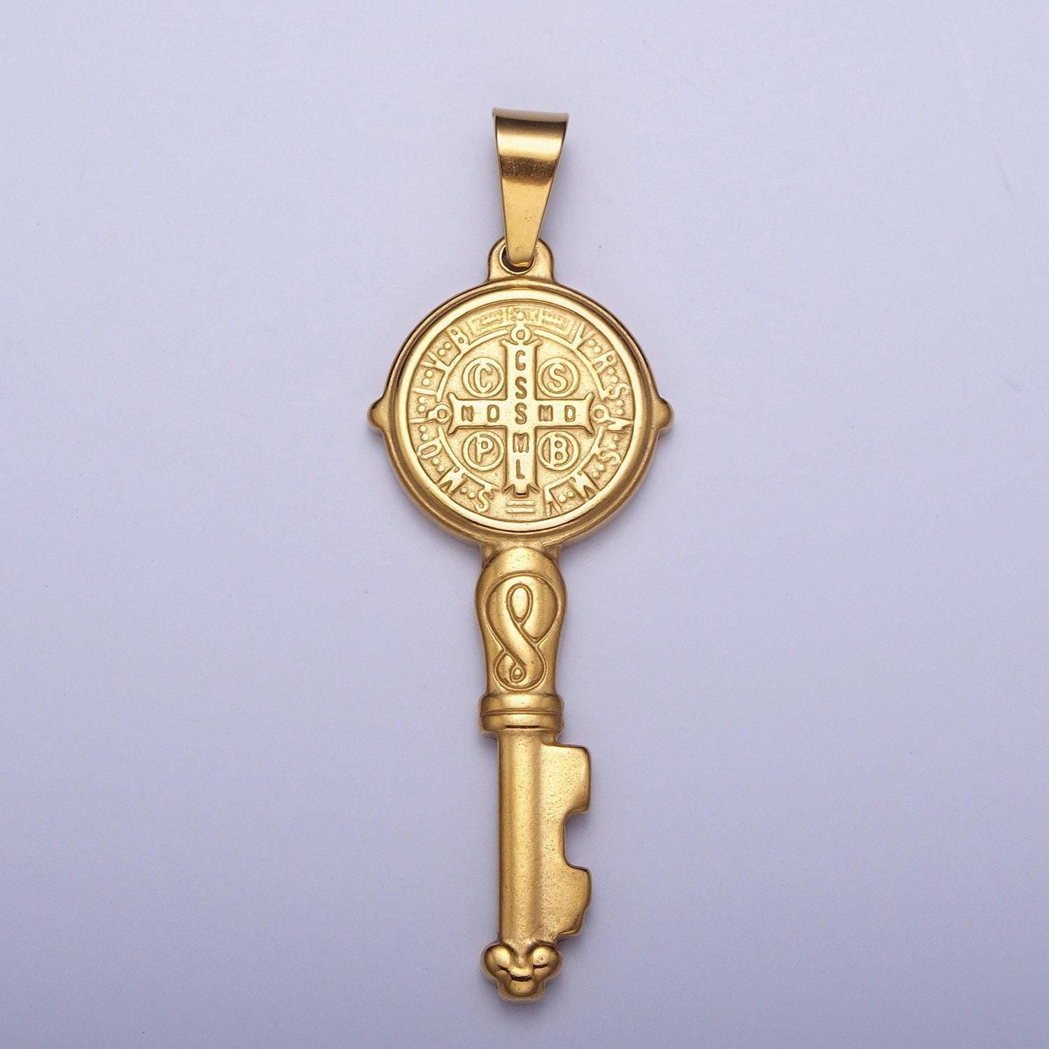 Double-sided gold st. benedict key pendant, 24k gold filled stainless steel embossed 60.0mm x 20.4mm san benito simple key charm | x-648