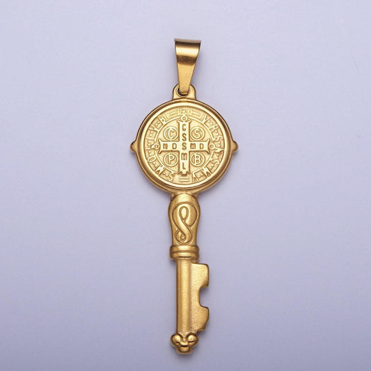 Double-sided gold st. benedict key pendant, 24k gold filled stainless steel embossed 60.0mm x 20.4mm san benito simple key charm | x-648