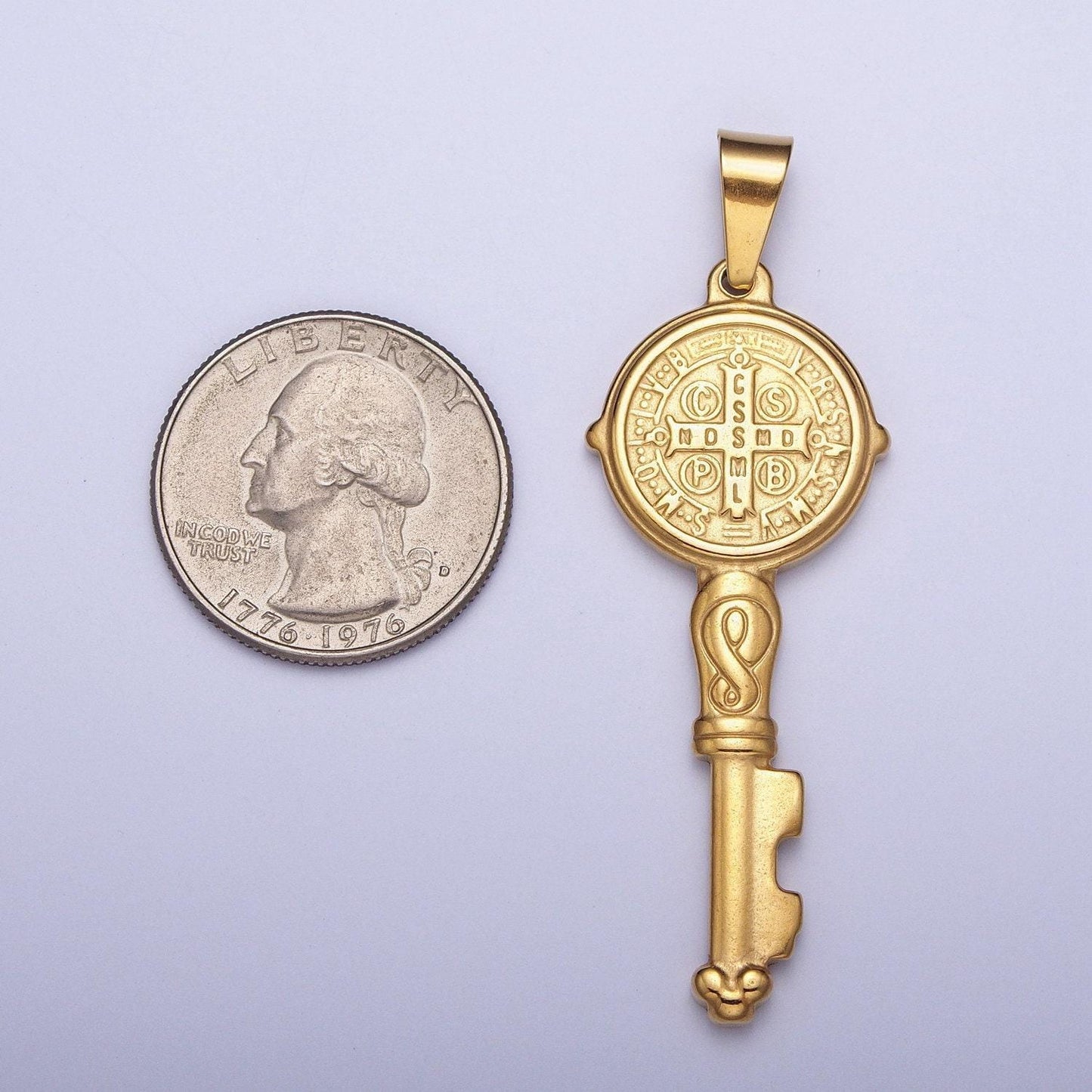 Double-sided gold st. benedict key pendant, 24k gold filled stainless steel embossed 60.0mm x 20.4mm san benito simple key charm | x-648