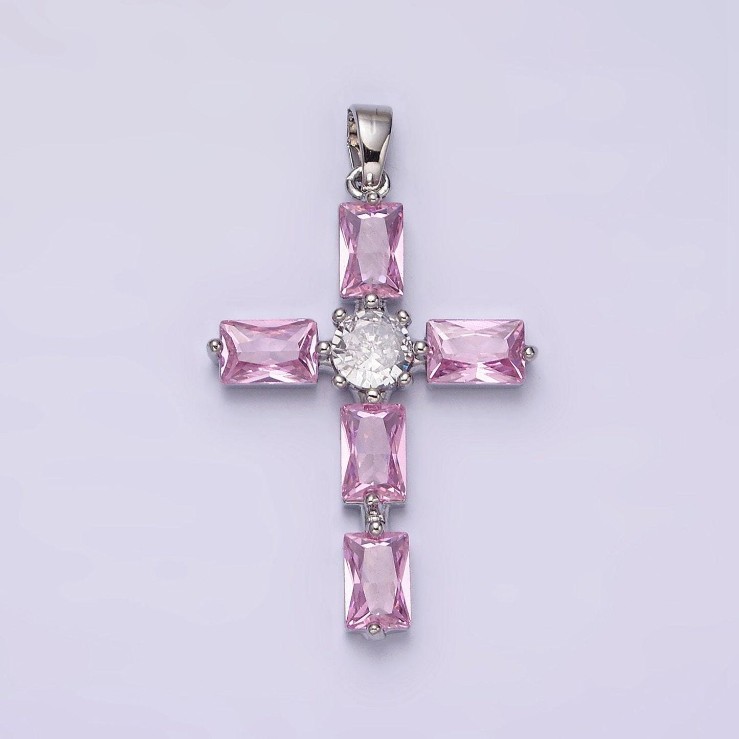 24k gold filled cubic zirconia pink, clear baguette dotted religious cross in silver & gold necklace pendant | aa543 - aa546