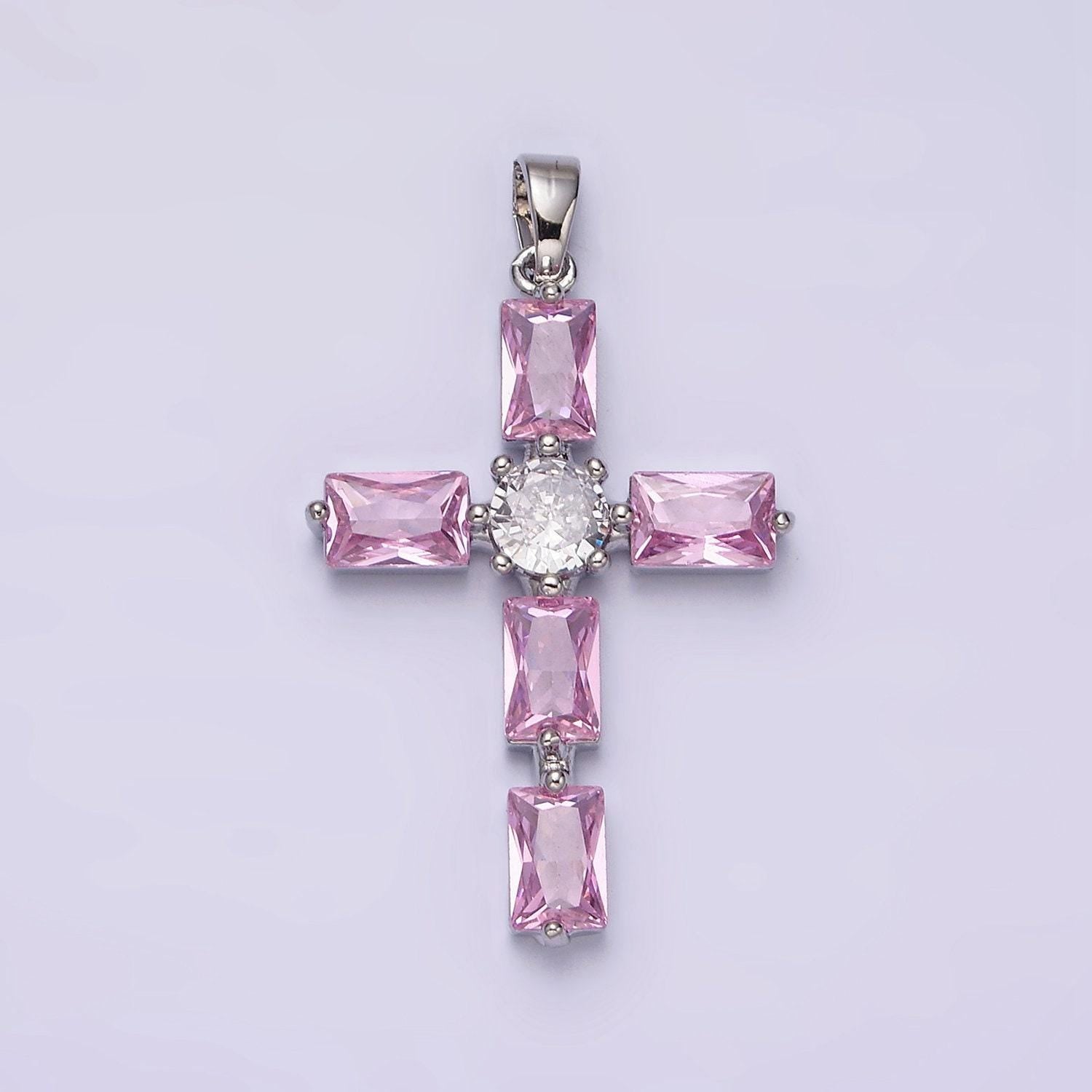 24k gold filled cubic zirconia pink, clear baguette dotted religious cross in silver & gold necklace pendant | aa543 - aa546