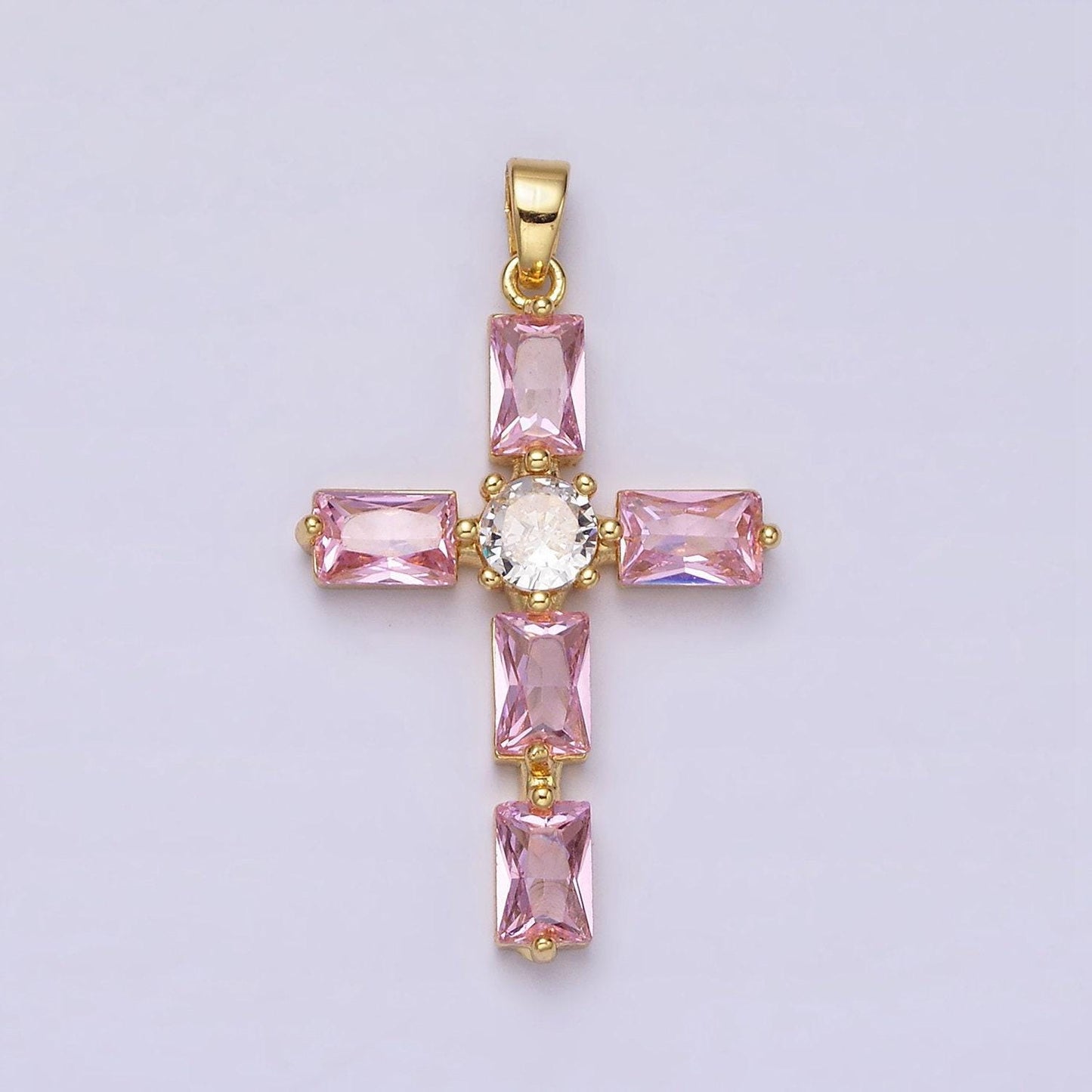24k gold filled cubic zirconia pink, clear baguette dotted religious cross in silver & gold necklace pendant | aa543 - aa546