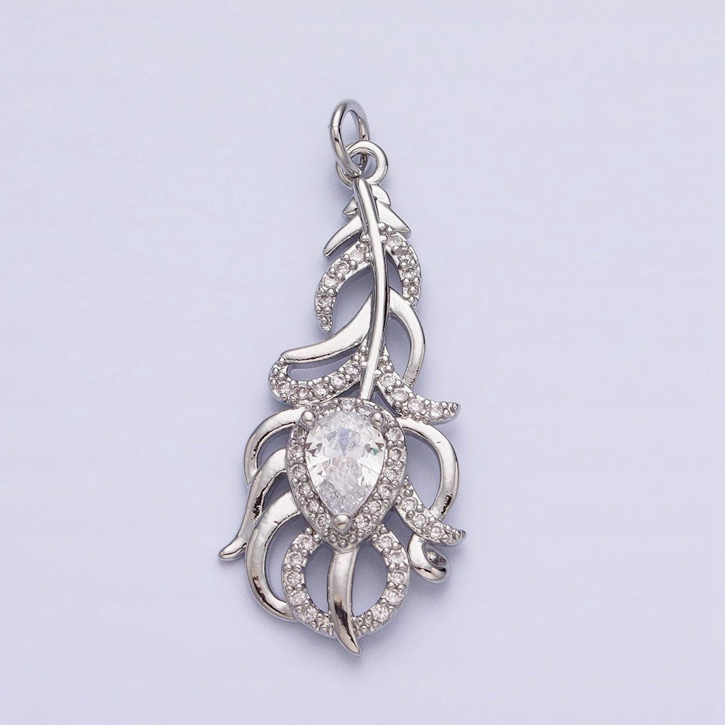 Silver gold peacock feather pendant tear drop cz stone clear micro pave charms for jewelry making | ac966