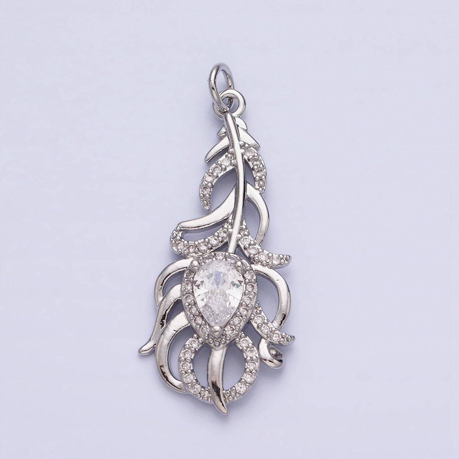 Silver gold peacock feather pendant tear drop cz stone clear micro pave charms for jewelry making | ac966