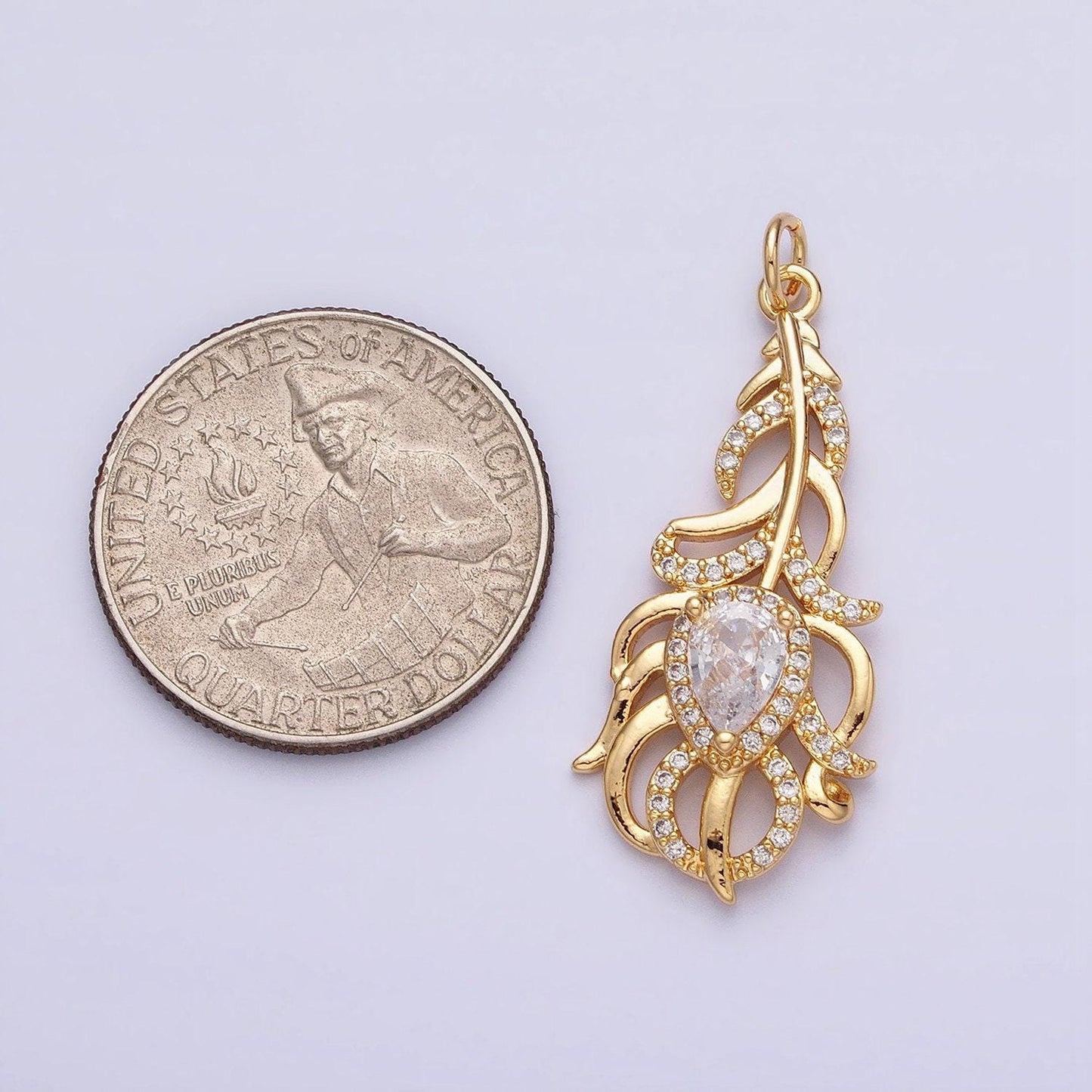 Silver gold peacock feather pendant tear drop cz stone clear micro pave charms for jewelry making | ac966