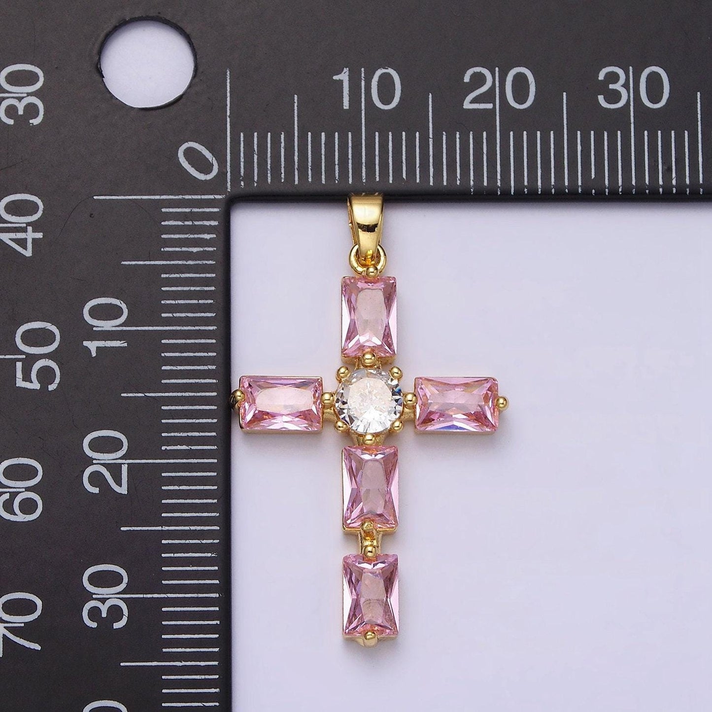 24k gold filled cubic zirconia pink, clear baguette dotted religious cross in silver & gold necklace pendant | aa543 - aa546