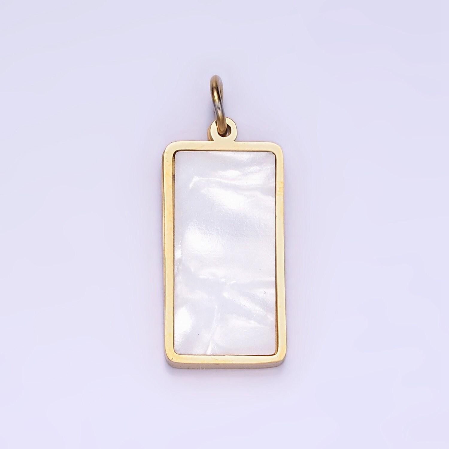 Dainty gold stainless steel rectangle pearl charm tag pendant p-1396