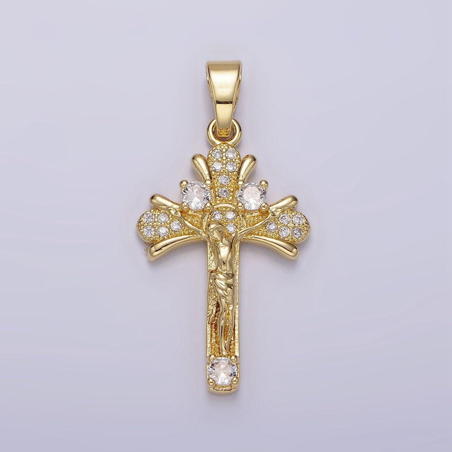 14k gold filled clear micro paved cz curved crucifix cross pendant | n1282