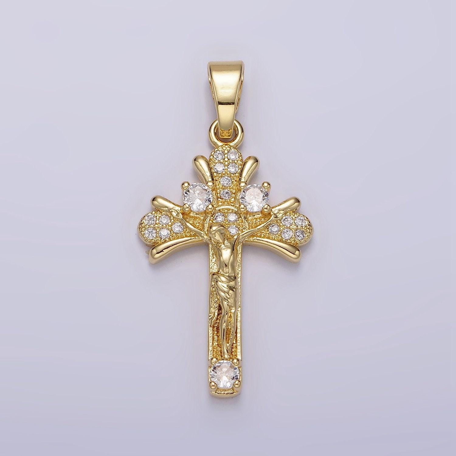 14k gold filled clear micro paved cz curved crucifix cross pendant | n1282