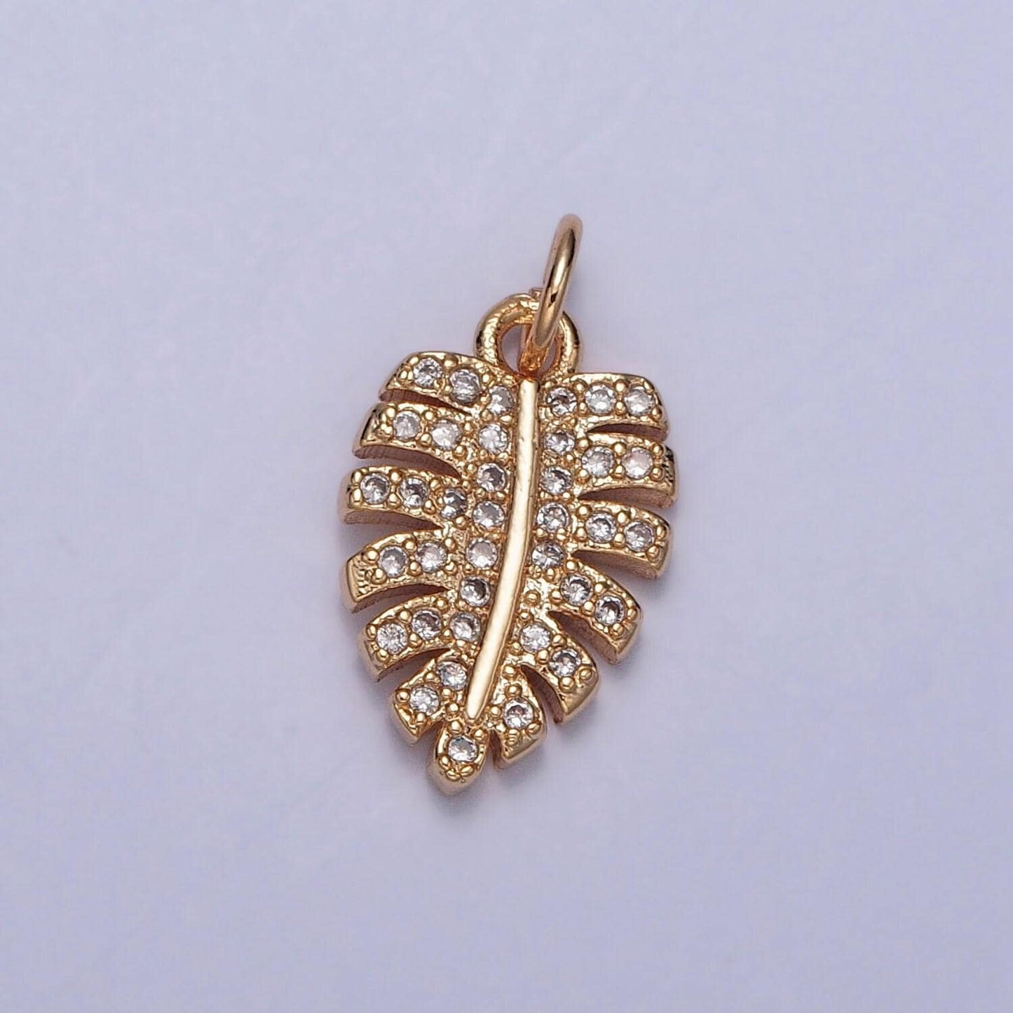 16k gold filled dainty tropical leaf micro pave cz pendant, gold leaf flora charm for diy european charms beaded bracelet | x-217