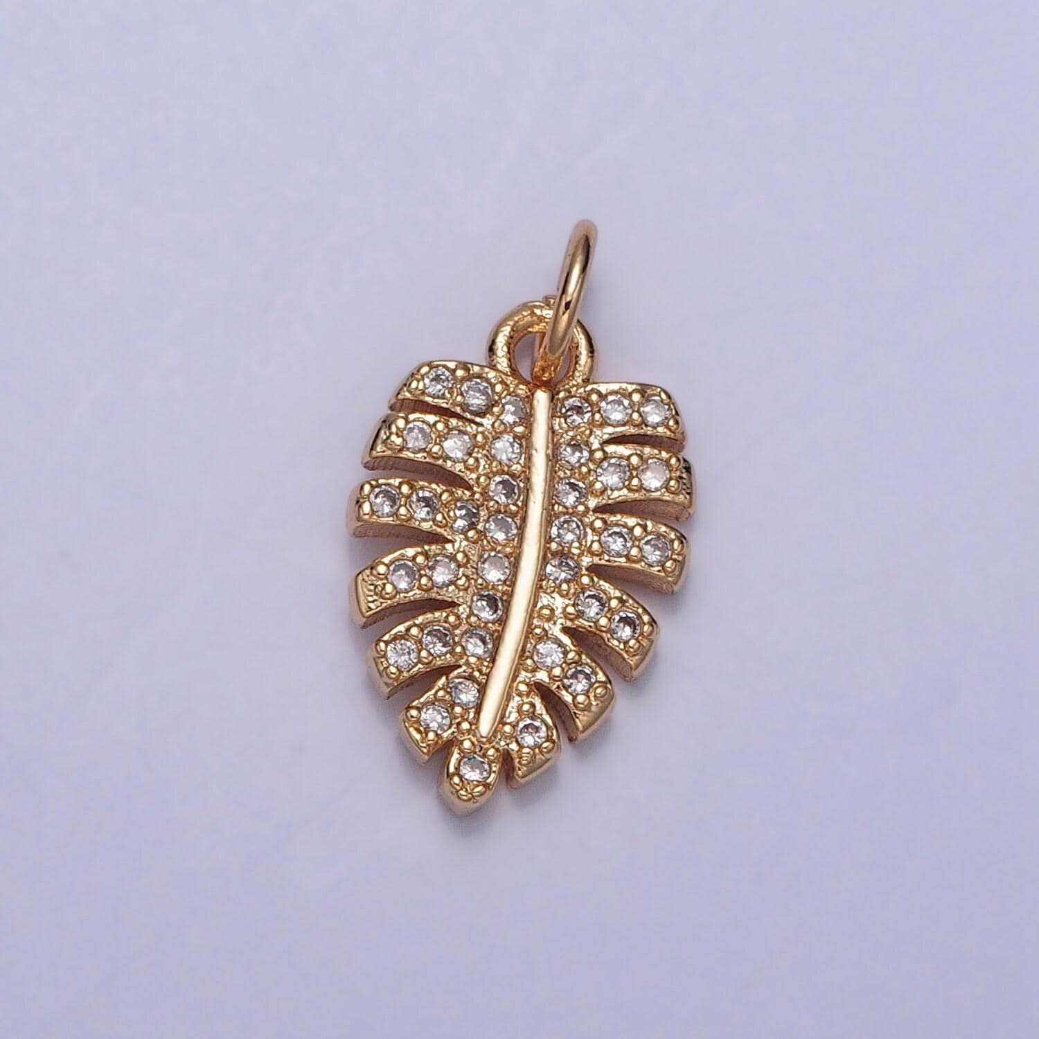 16k gold filled dainty tropical leaf micro pave cz pendant, gold leaf flora charm for diy european charms beaded bracelet | x-217