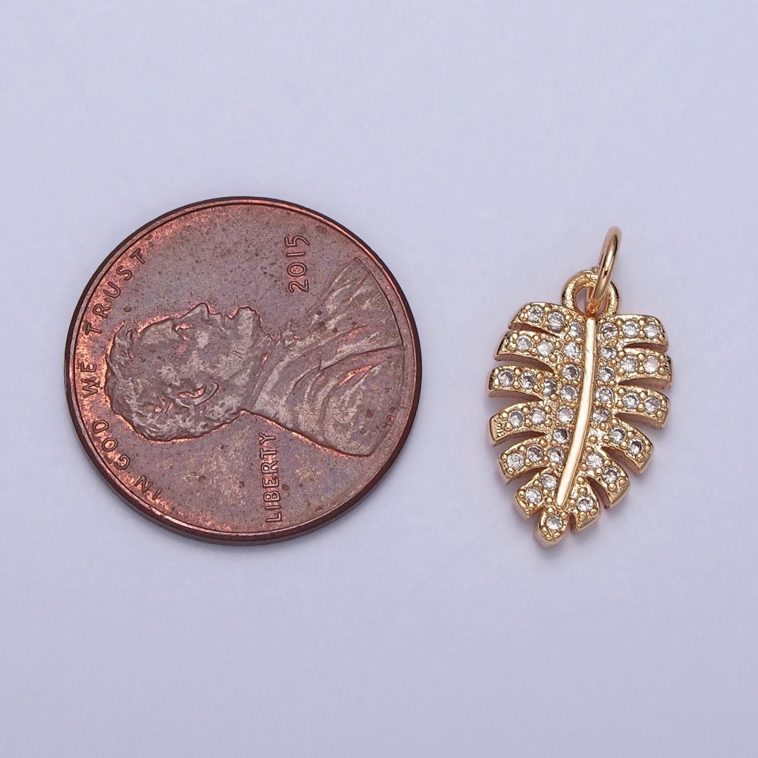 16k gold filled dainty tropical leaf micro pave cz pendant, gold leaf flora charm for diy european charms beaded bracelet | x-217