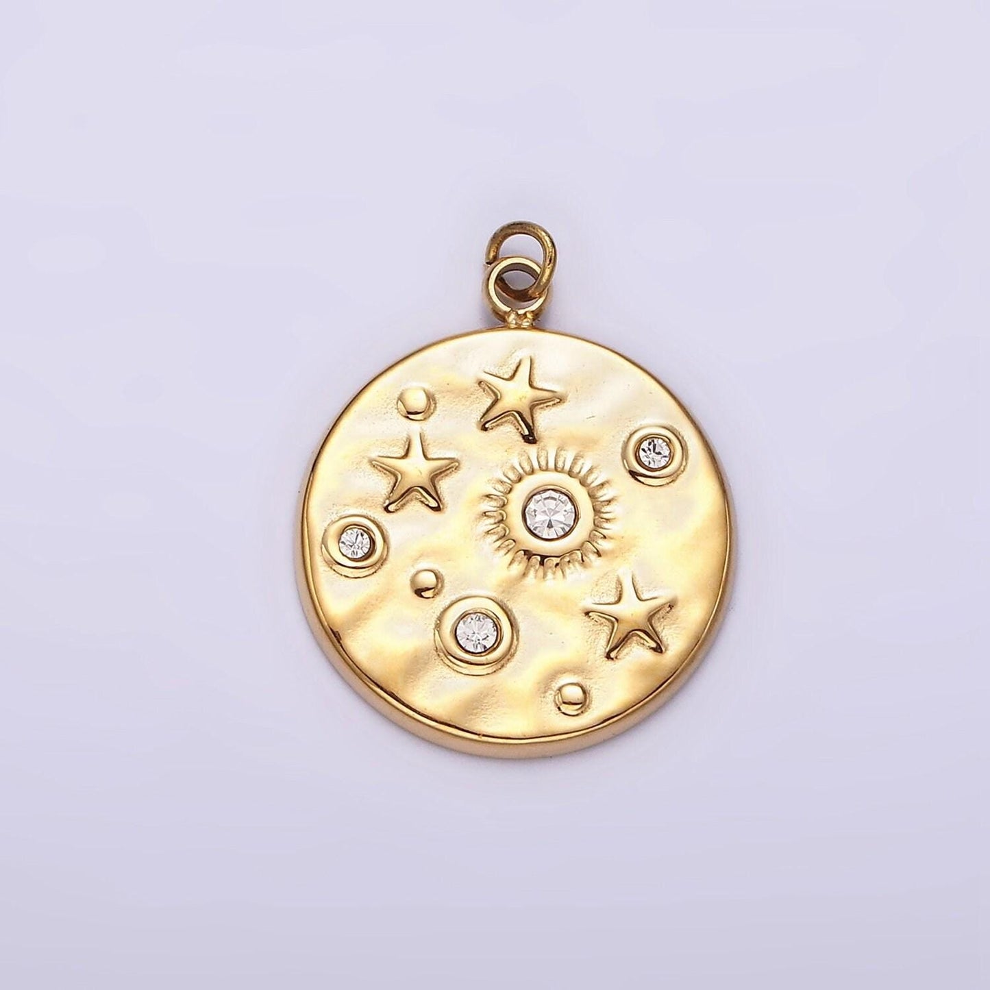 Stainless steel clear, green cz celestial sun star hammered round charm in gold & silver | p674 - p677