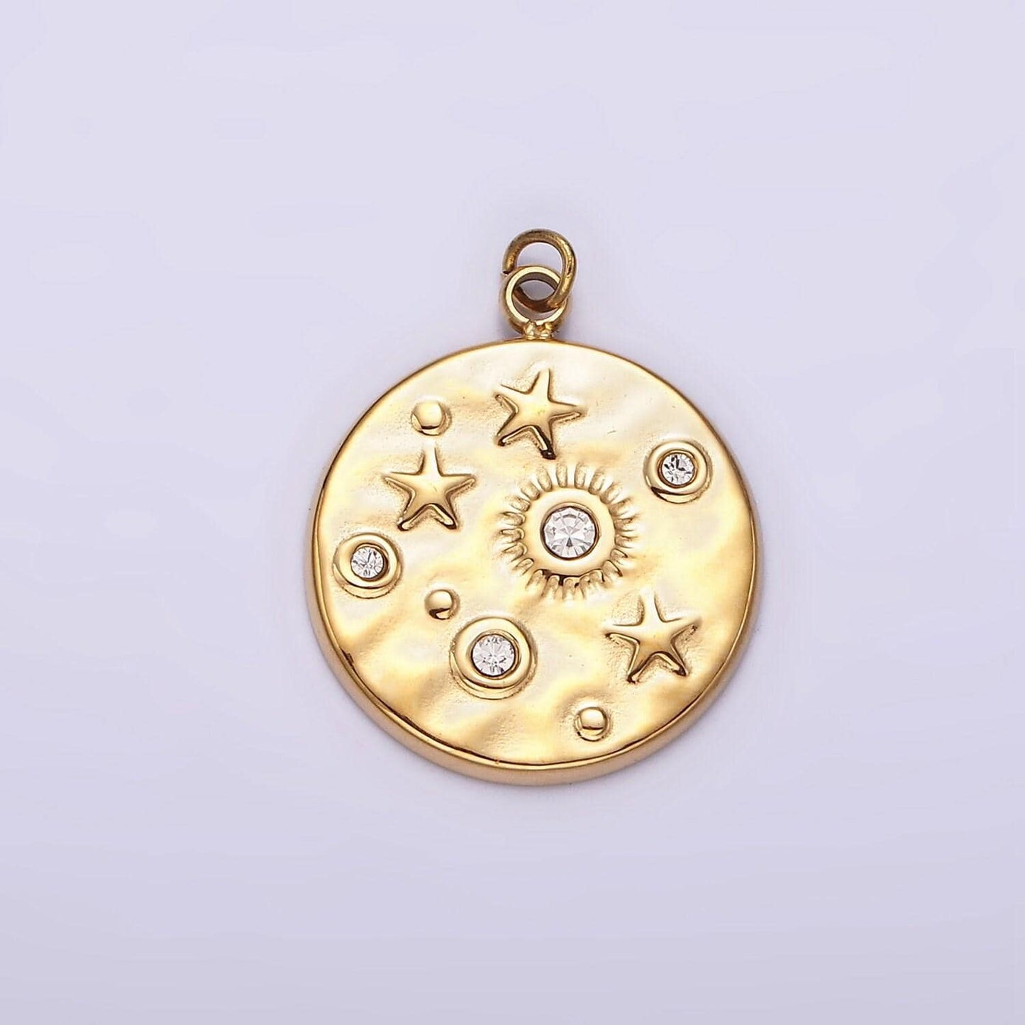 Stainless steel clear, green cz celestial sun star hammered round charm in gold & silver | p675