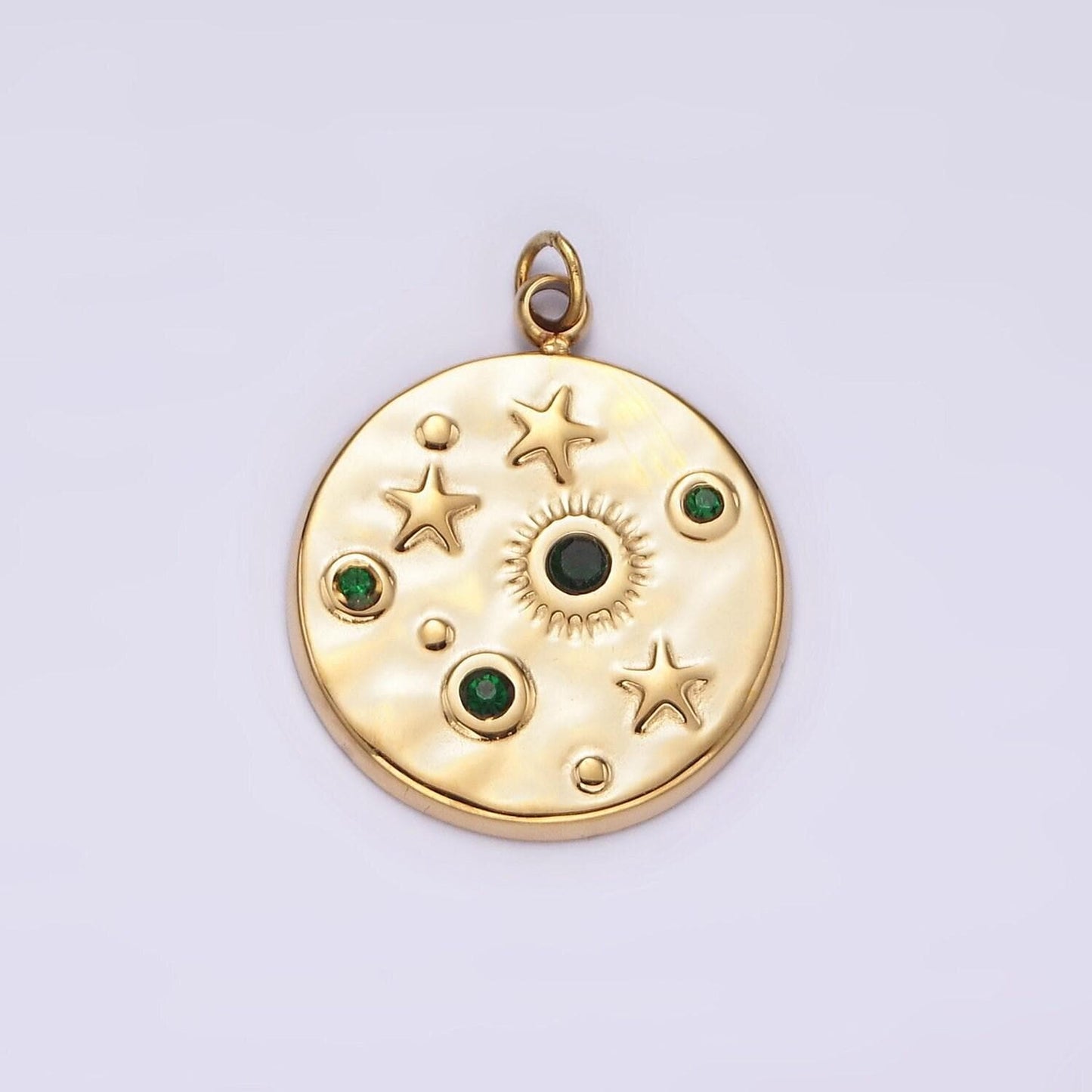 Stainless steel clear, green cz celestial sun star hammered round charm in gold & silver | p675