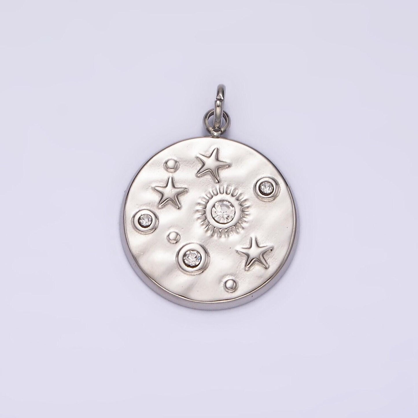 Stainless steel clear, green cz celestial sun star hammered round charm in gold & silver | p674 - p677